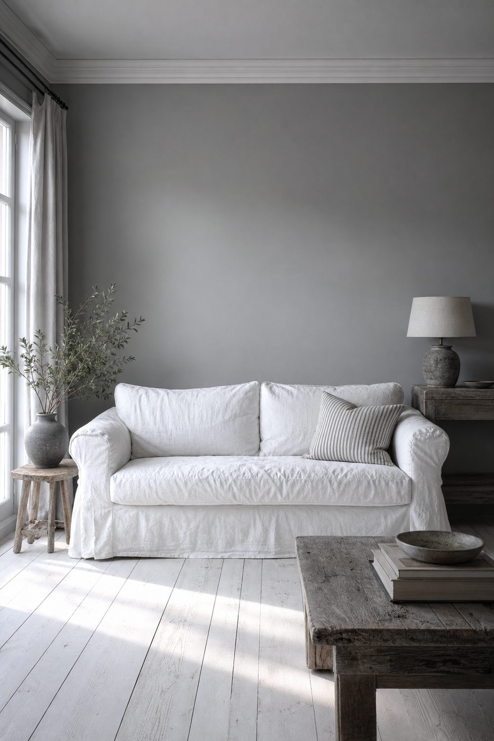 Relaxed white slipcovered sofa against mid grey painted walls with whitewashed plank flooring and a grey striped cushion
