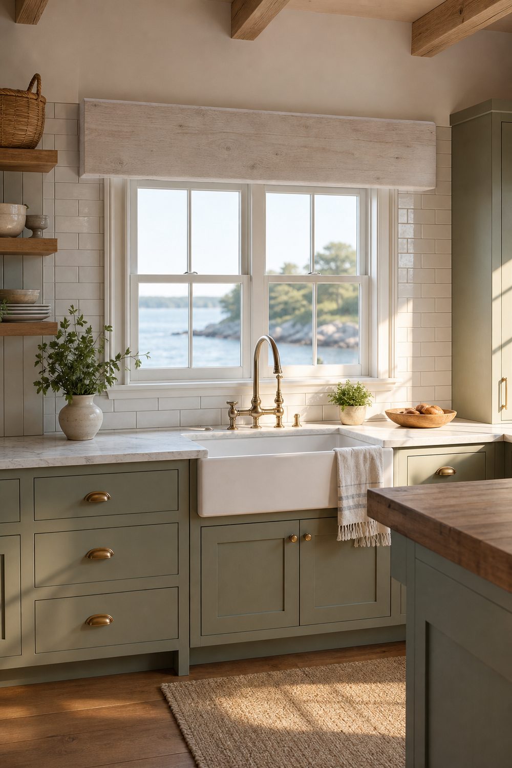Whitewashed pine cornice board above a coastal kitchen window with sage cabinets and white subway tile