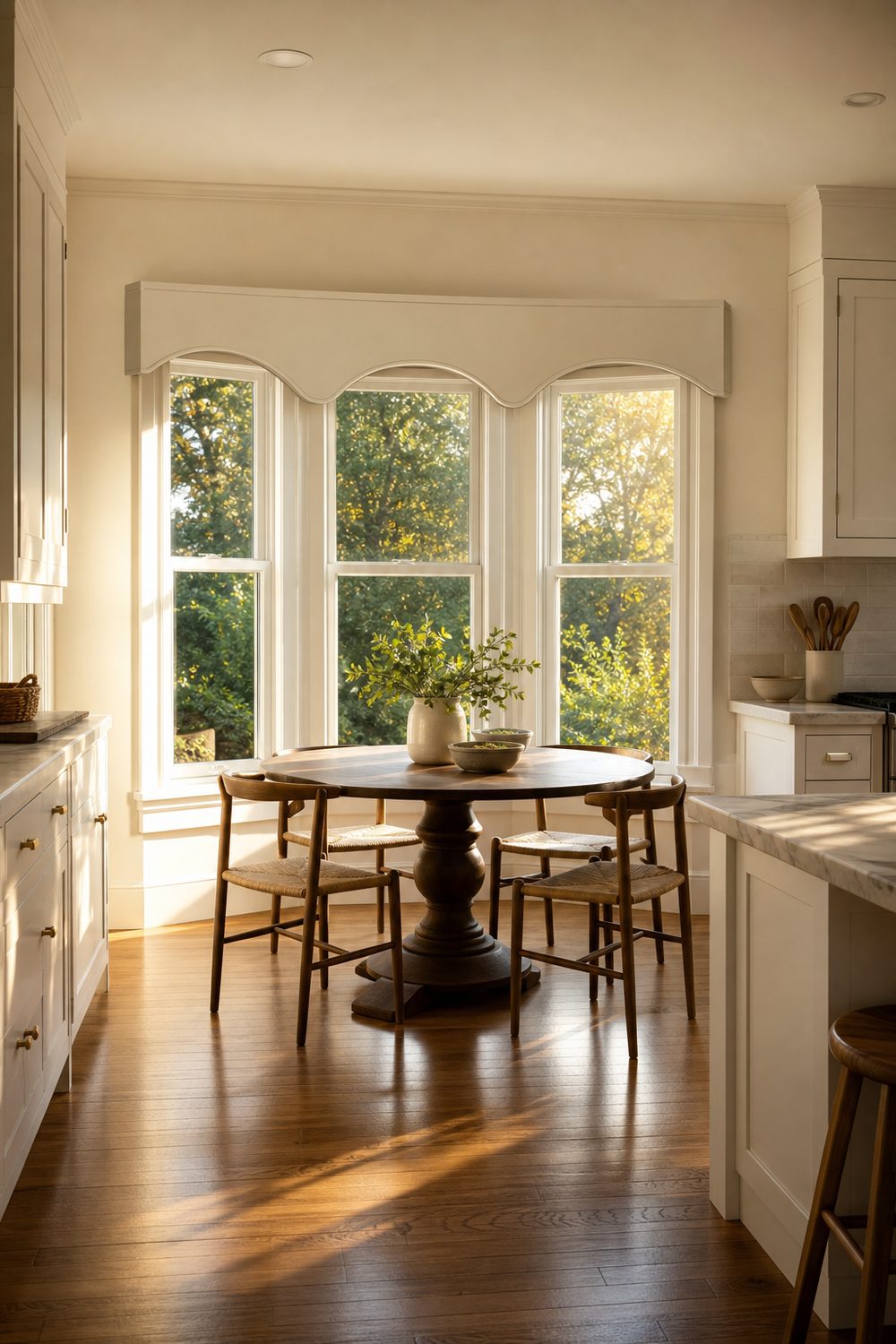 Soft white arched cornice spanning a three panel bay window in a bright kitchen breakfast area with white cabinets
