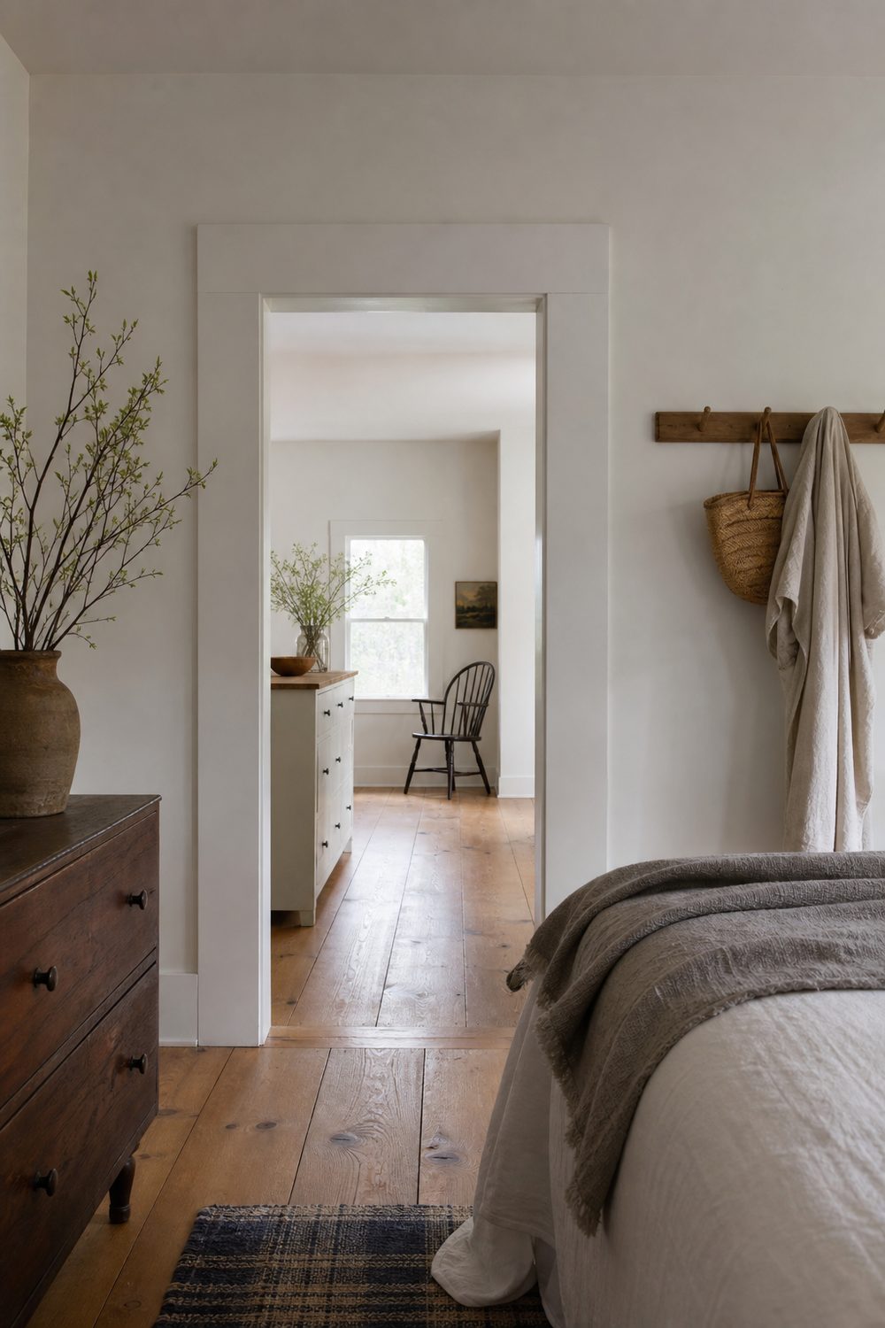 Wide flat white Shaker door casing with square edges and a plain flat header in a bedroom with wide pine floors