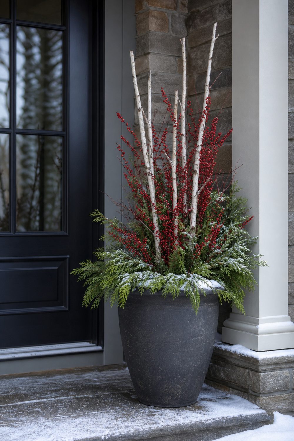 Planter filled with cedar boughs, white birch branches and red winterberry stems on a snow dusted porch