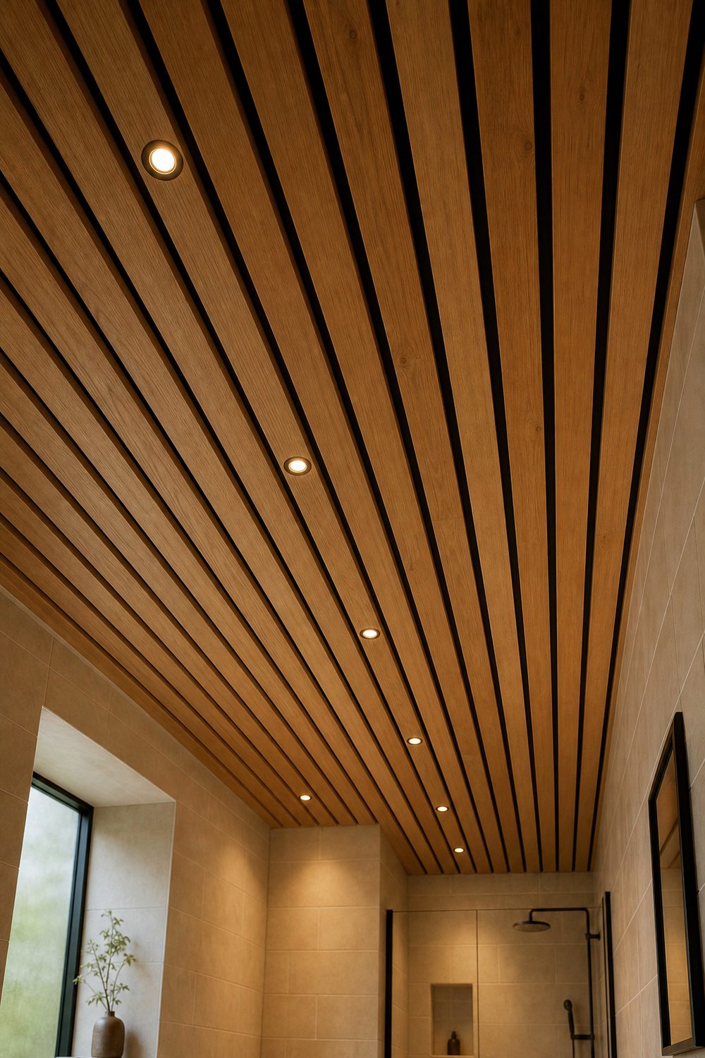 Warm oak slatted bathroom ceiling with dark reveals and recessed downlights above a tiled shower with a rain head
