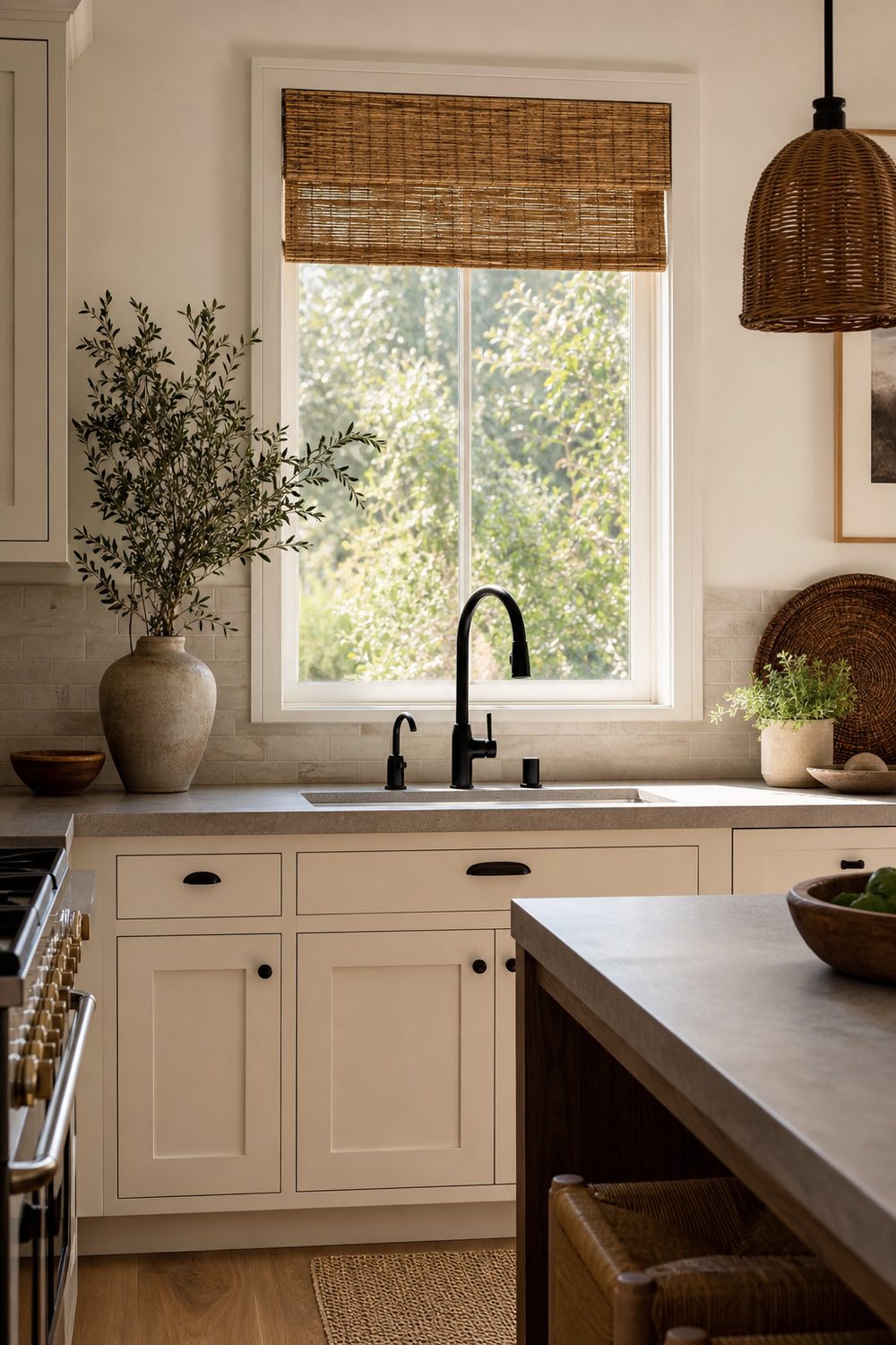 Natural woven bamboo shade mounted as a valance above a transitional kitchen window with black fixtures