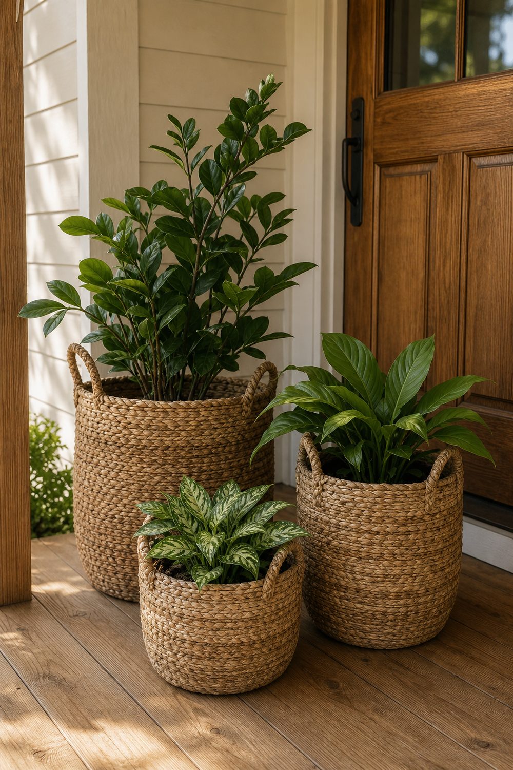 Three graduated seagrass basket planters holding leafy green plants on warm oak porch flooring by a door