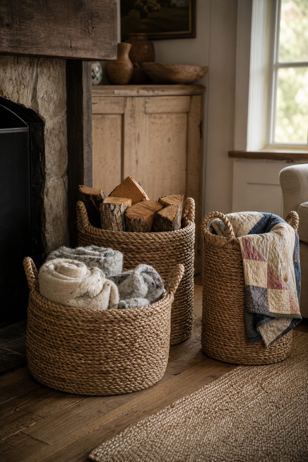 Three graduated seagrass baskets in a farmhouse living room corner holding wool blankets, firewood and a folded quilt