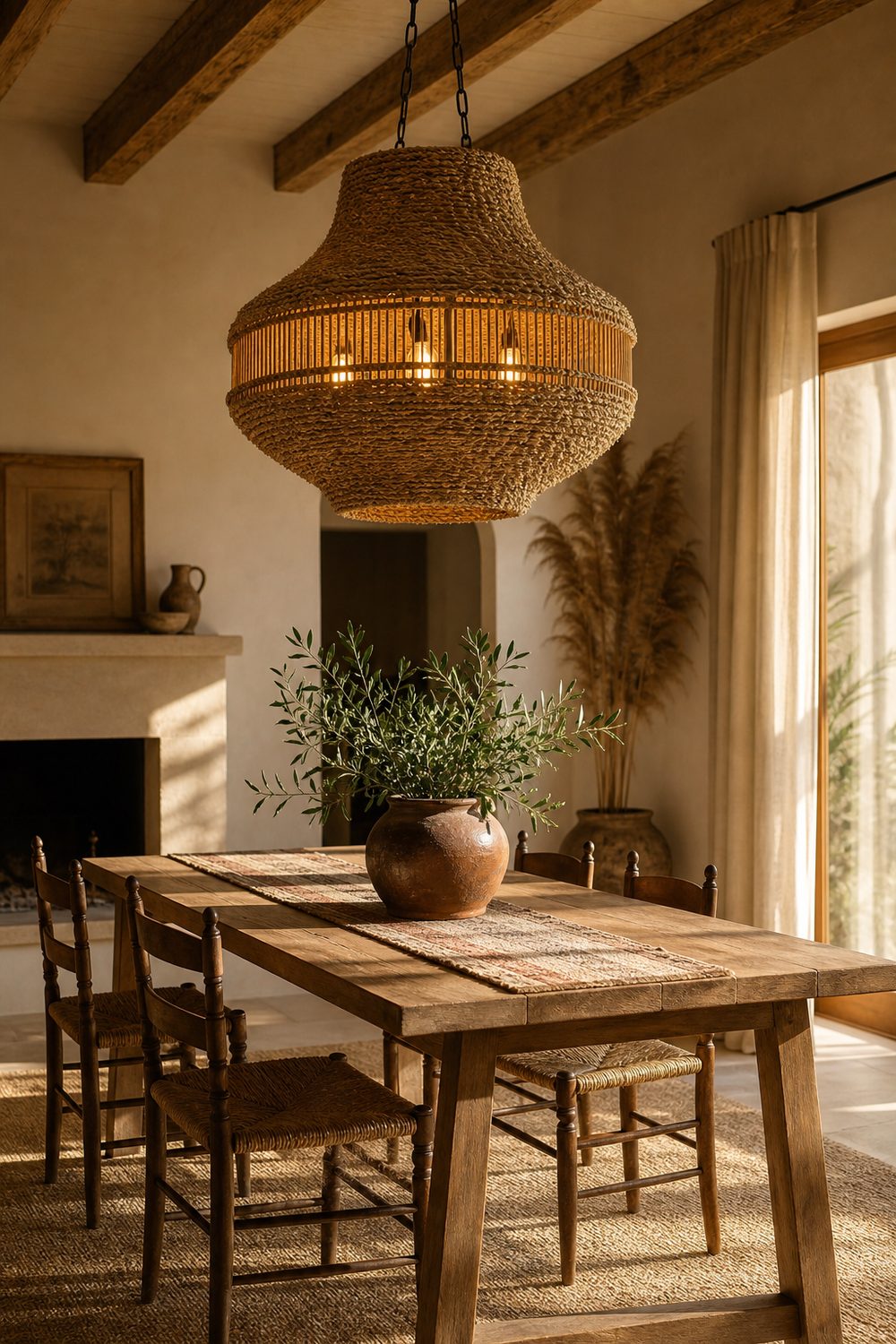 Woven seagrass boho chandelier above a rustic oak dining table with rush seat chairs
