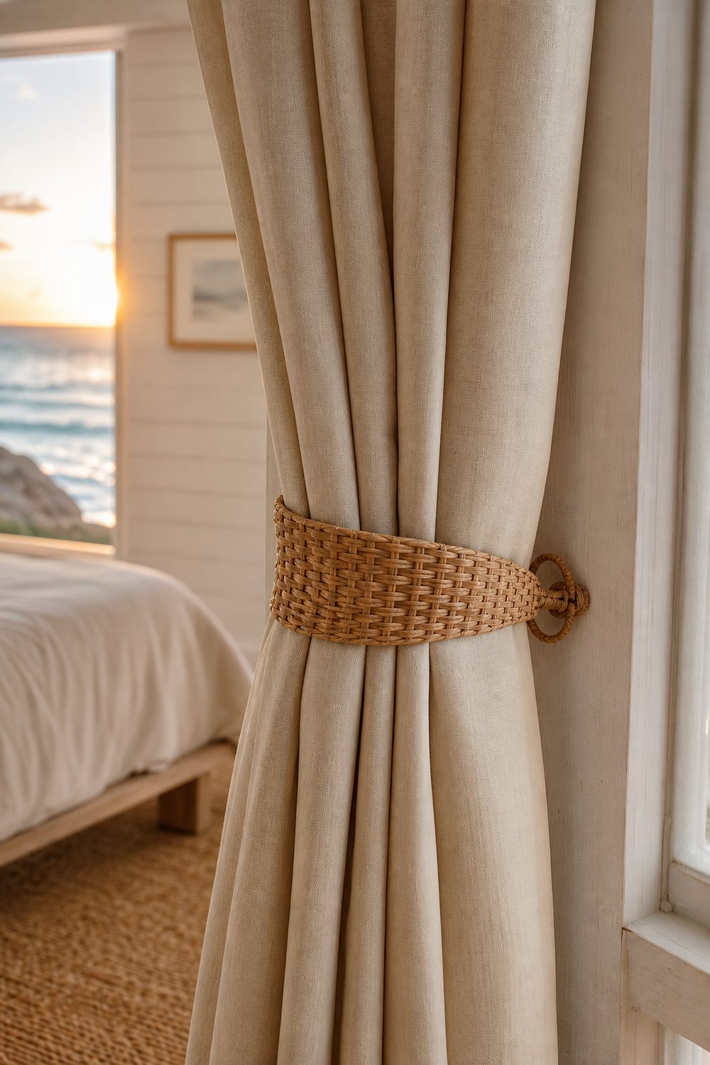 Tightly plaited woven rattan cuff tie back with small loop closure wrapped around a warm sand cotton drape