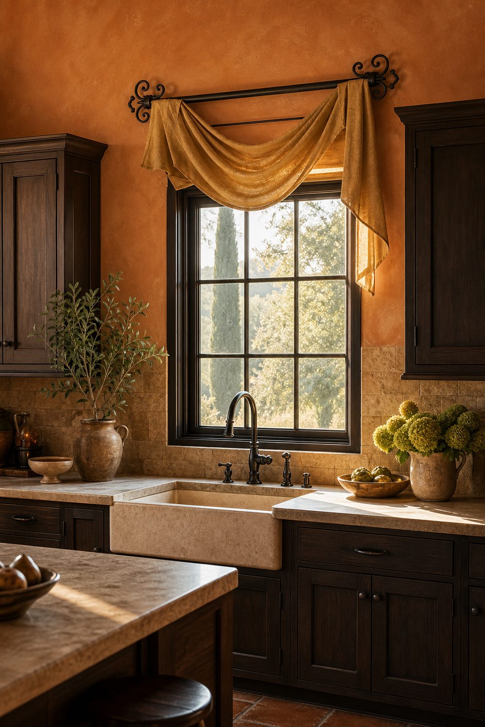 Gold linen swag draped over a black wrought iron rod with scrolled finials in a Tuscan style kitchen