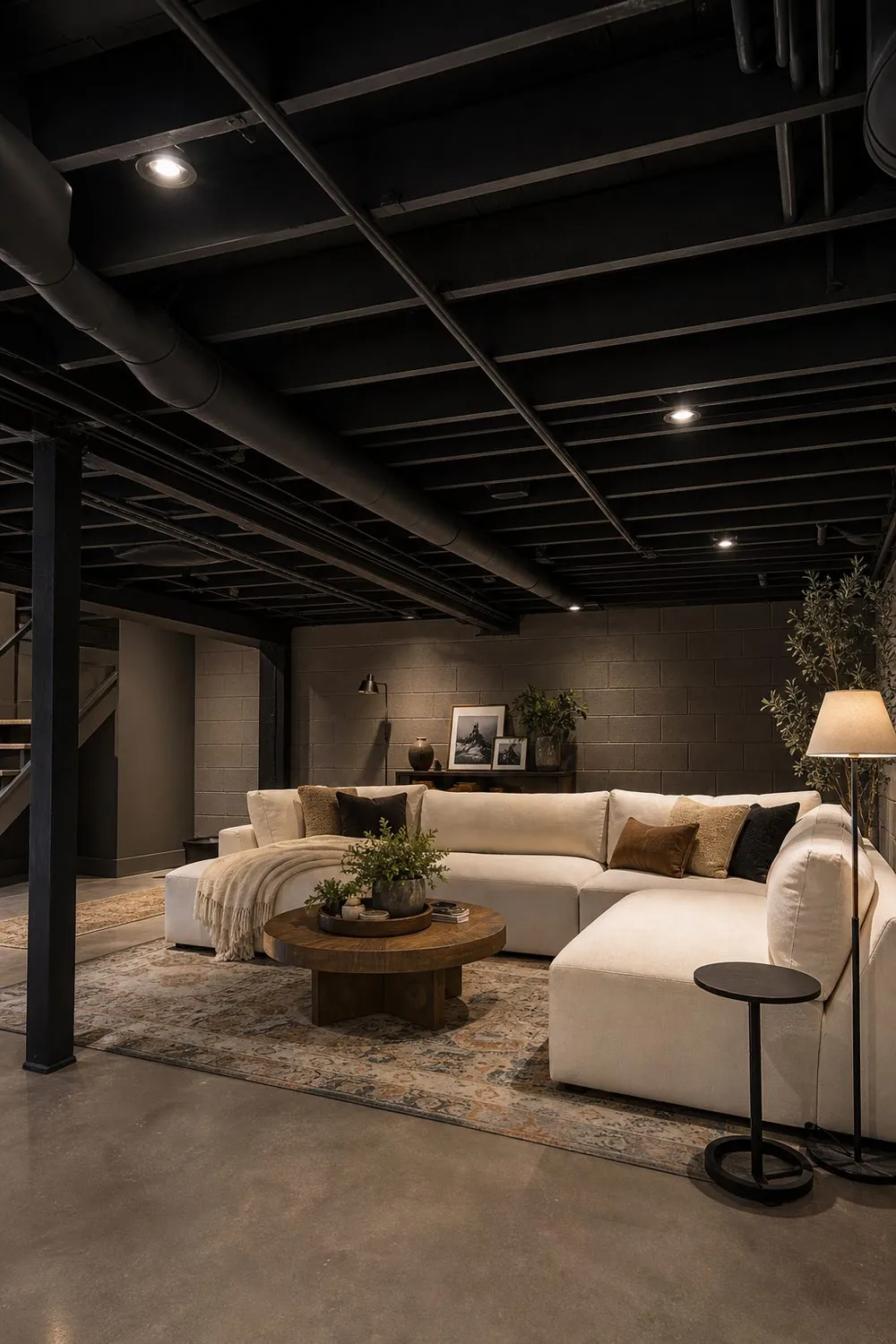 Basement family room with exposed ceiling joists, ductwork and pipes all painted matte black above a low sectional sofa.