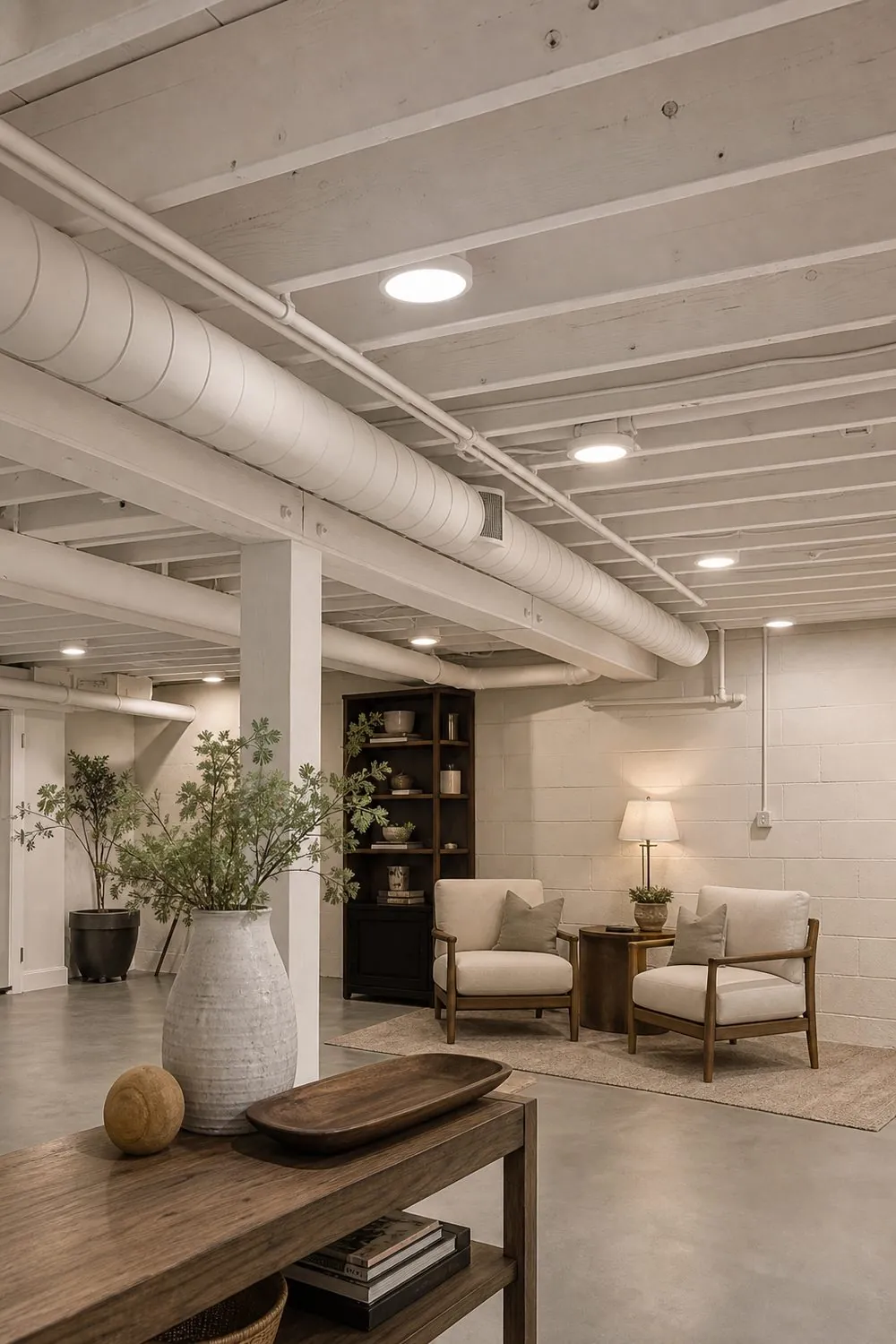 Basement rec room with open ceiling joists and round ductwork sprayed a soft white wash above a console table and armchairs.