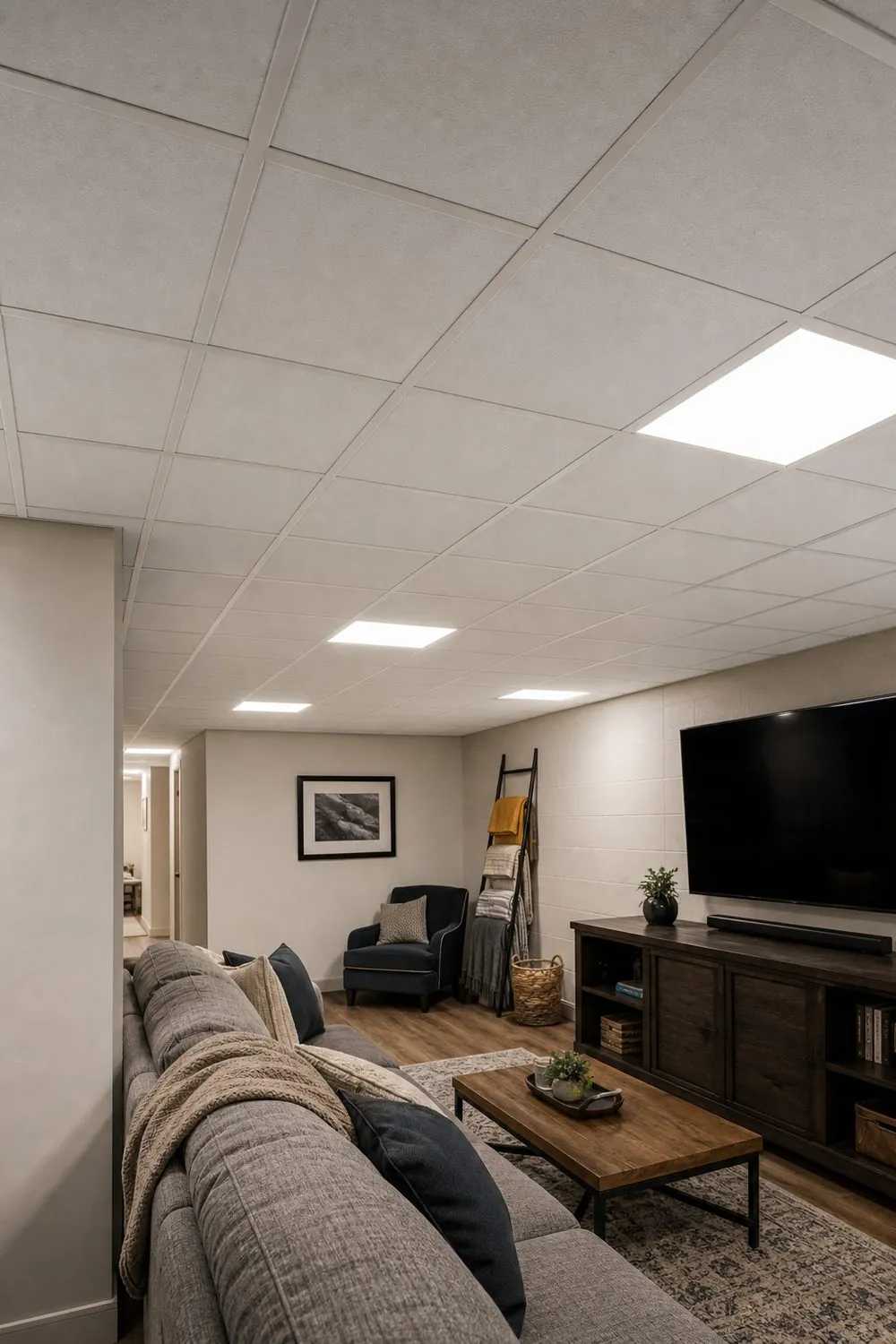 Finished basement family room with a white two by two suspended grid ceiling of square tiles above a sofa and media console.