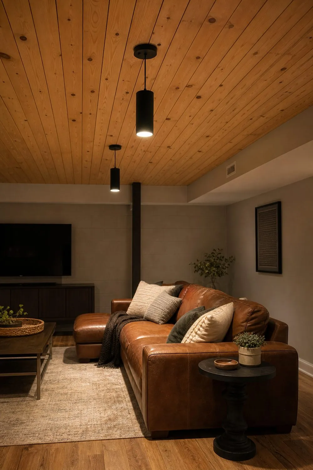 Basement rec room with a warm honey toned tongue and groove wood plank ceiling above a leather sofa and black pendant lights.