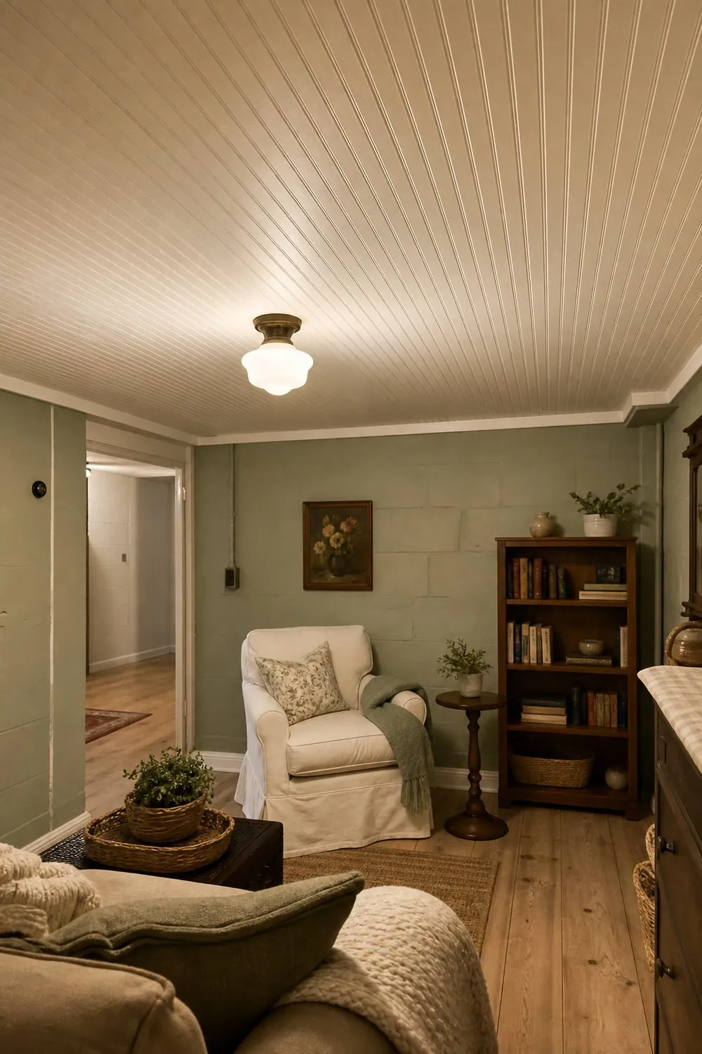 Basement sitting room with a white beadboard ceiling of fine vertical grooves above a slipcovered chair and small bookcase.