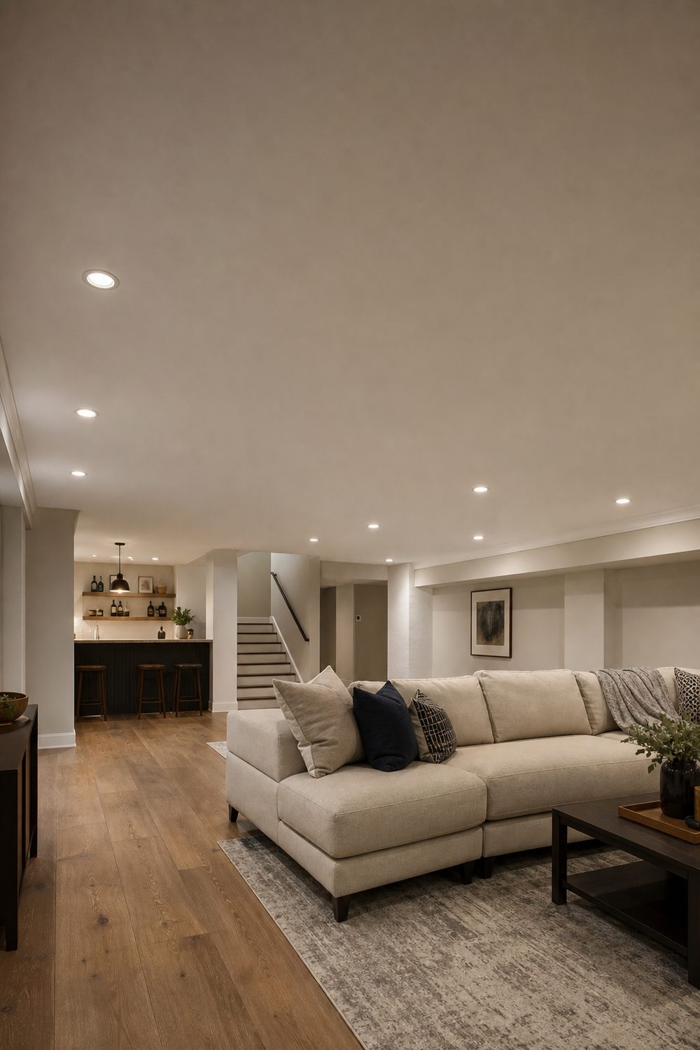 Finished basement living area with a smooth flat white drywall ceiling and a grid of small recessed downlights above a sofa.