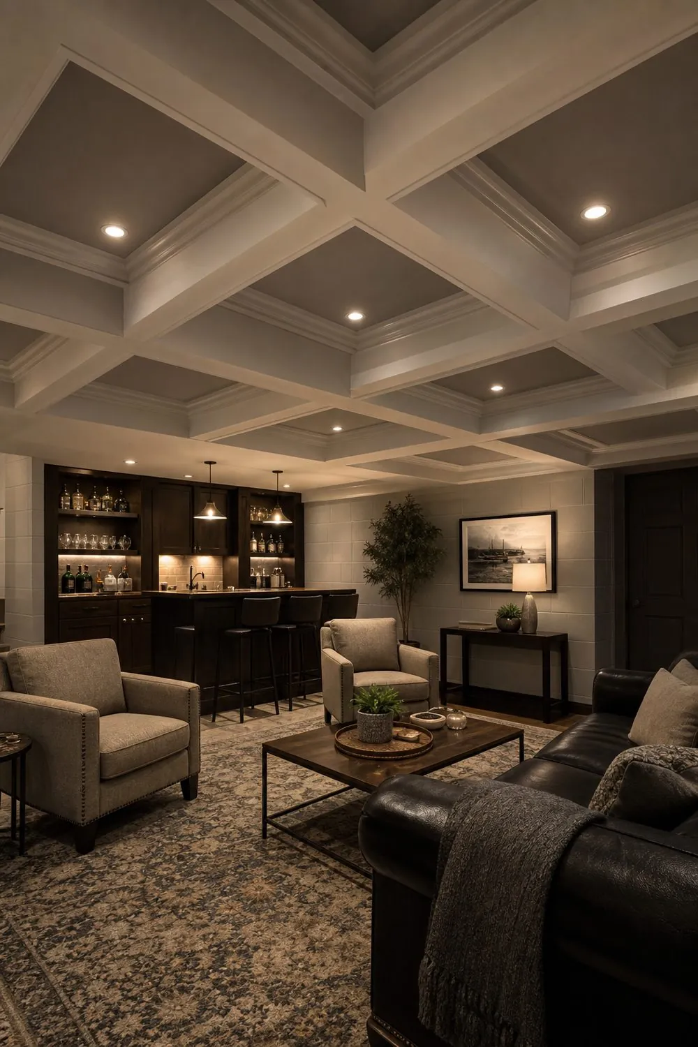 Basement lounge with a coffered ceiling of deep recessed square panels framed by white beams above a dark built in bar cabinet.