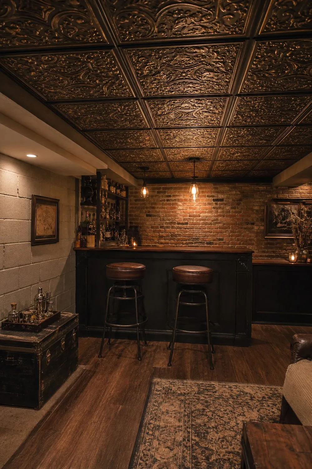 Basement bar corner with an embossed faux tin ceiling of ornate bronze toned tiles above two stools at a small counter.