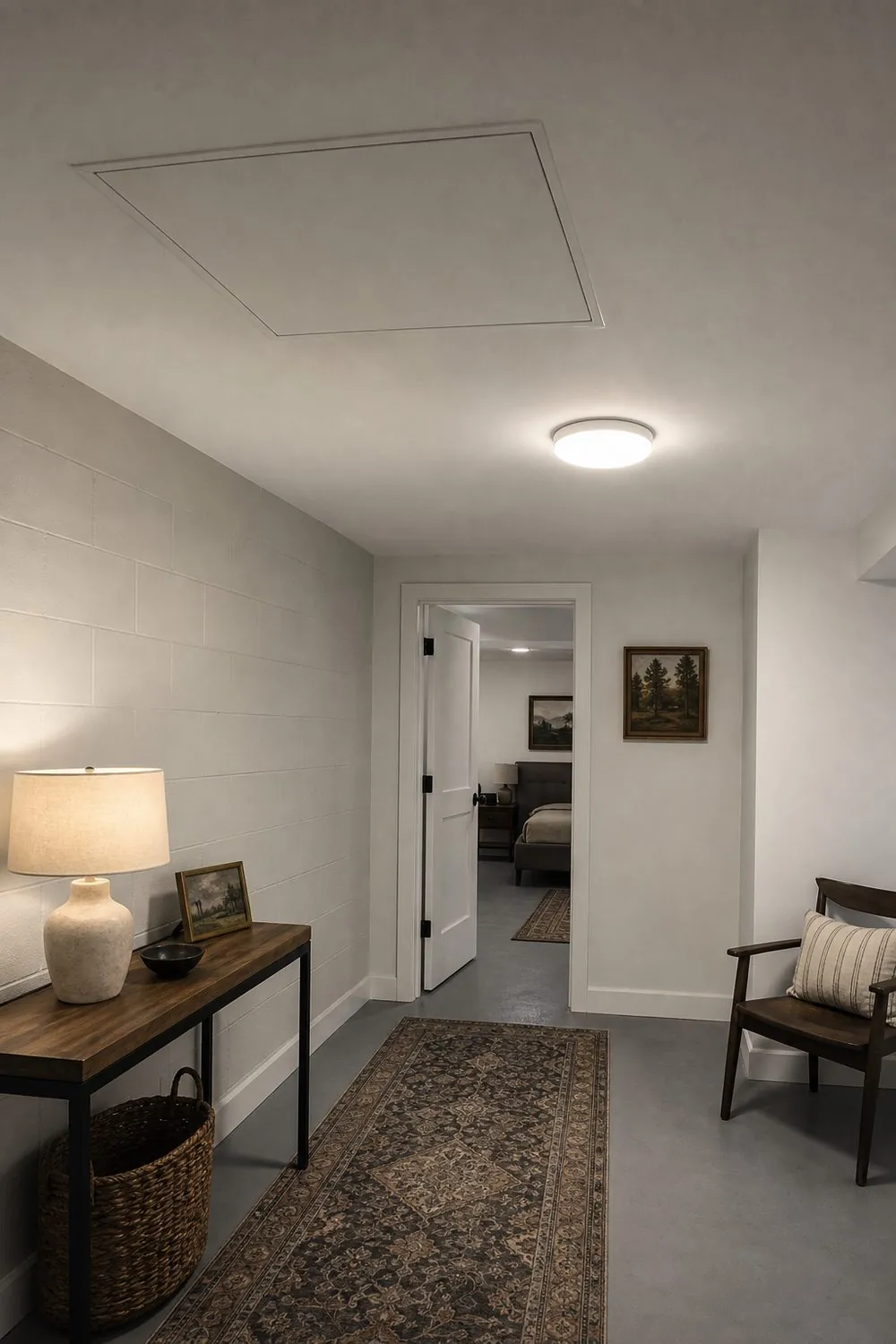 Basement hallway with a white ceiling and one flush square access panel set into it above a runner rug and doorway.