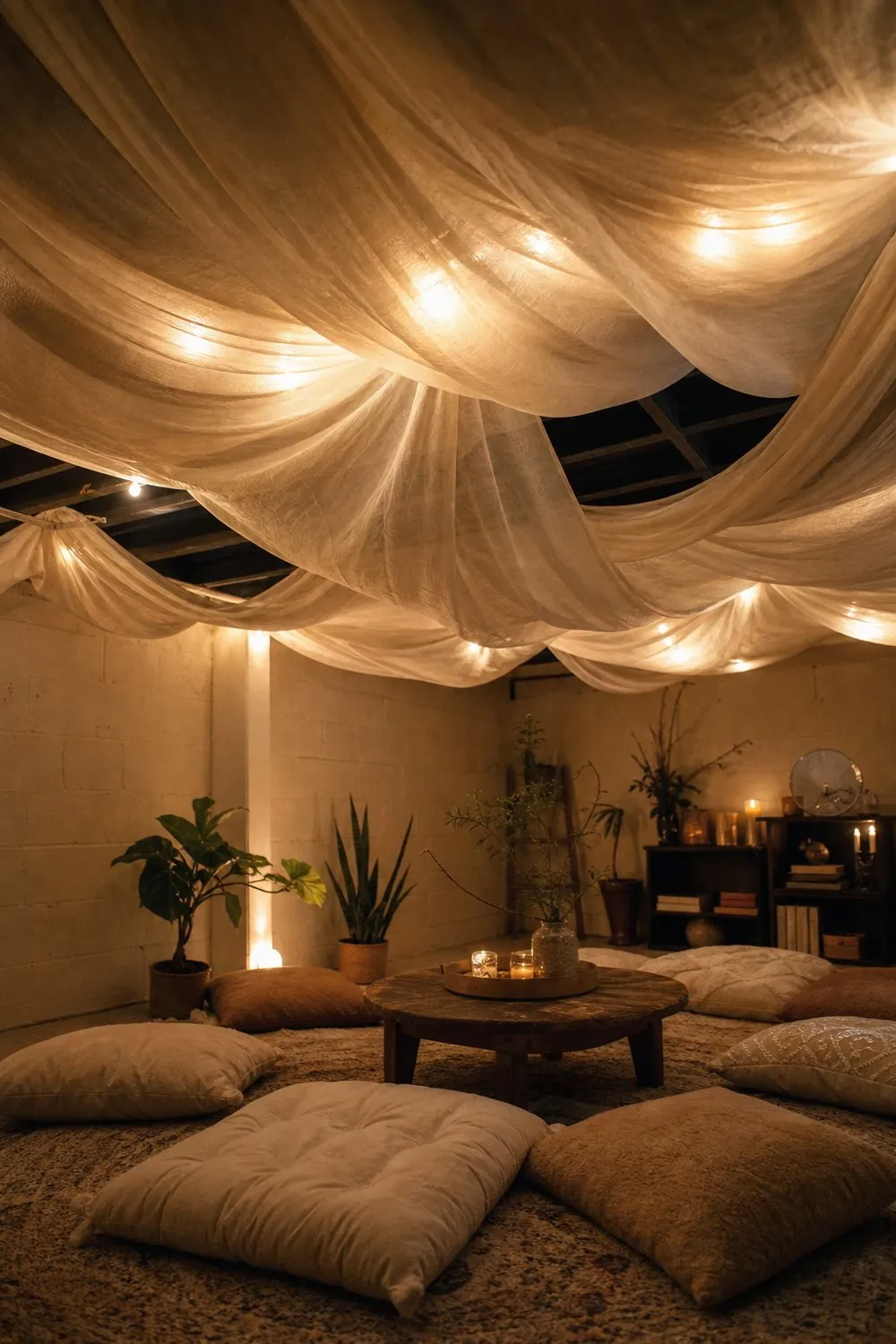 Basement lounge with sheer ivory fabric draped in soft swags across a low ceiling above floor cushions and a low table.