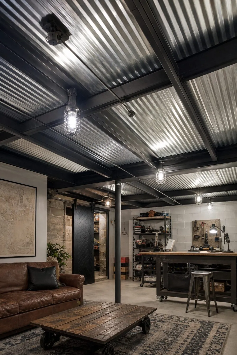 Basement workshop lounge with ribbed galvanized metal panels fitted between dark painted joists above a metal stool and workbench.