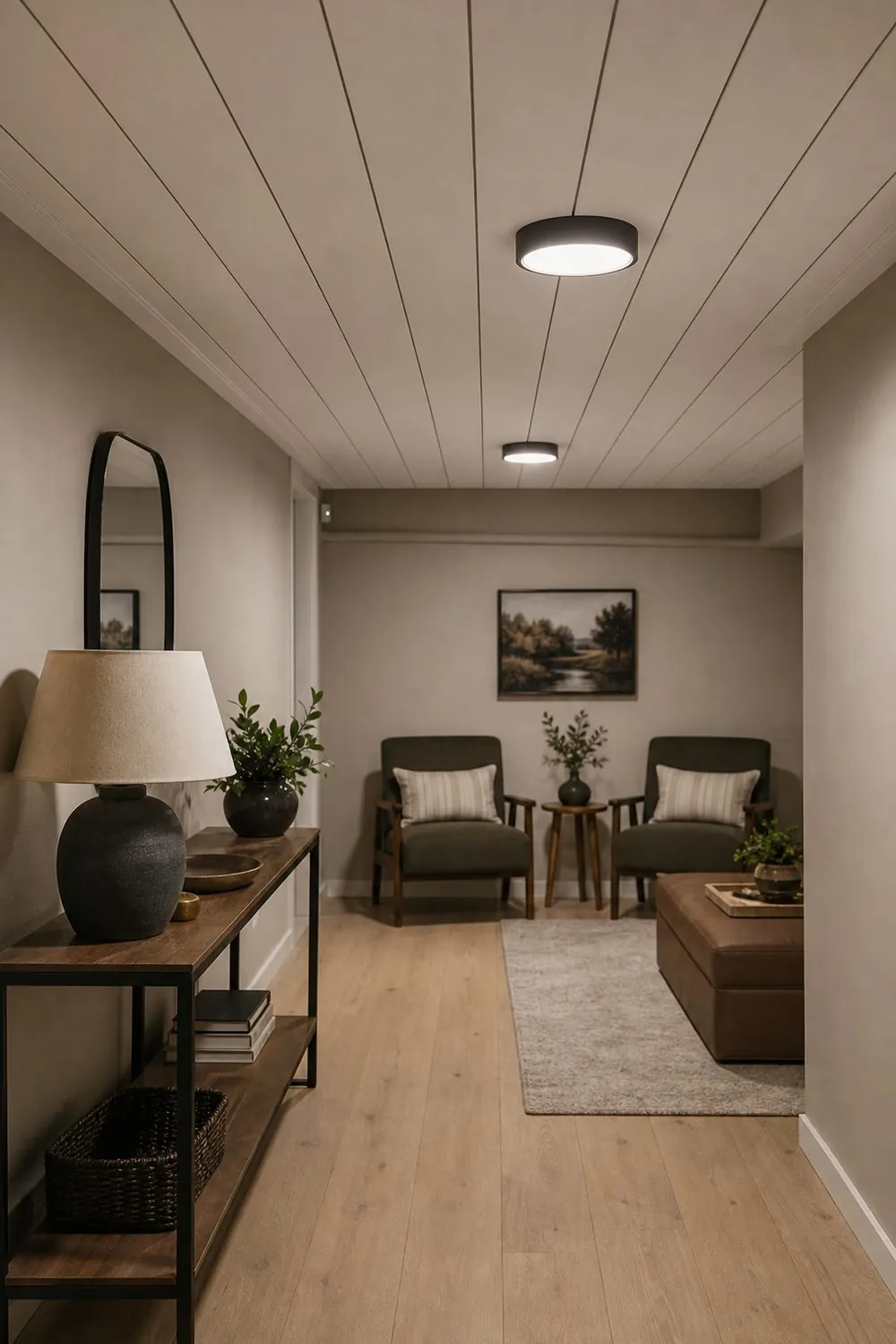 Narrow basement sitting room with a white painted shiplap ceiling of horizontal boards above a slim console and two chairs.