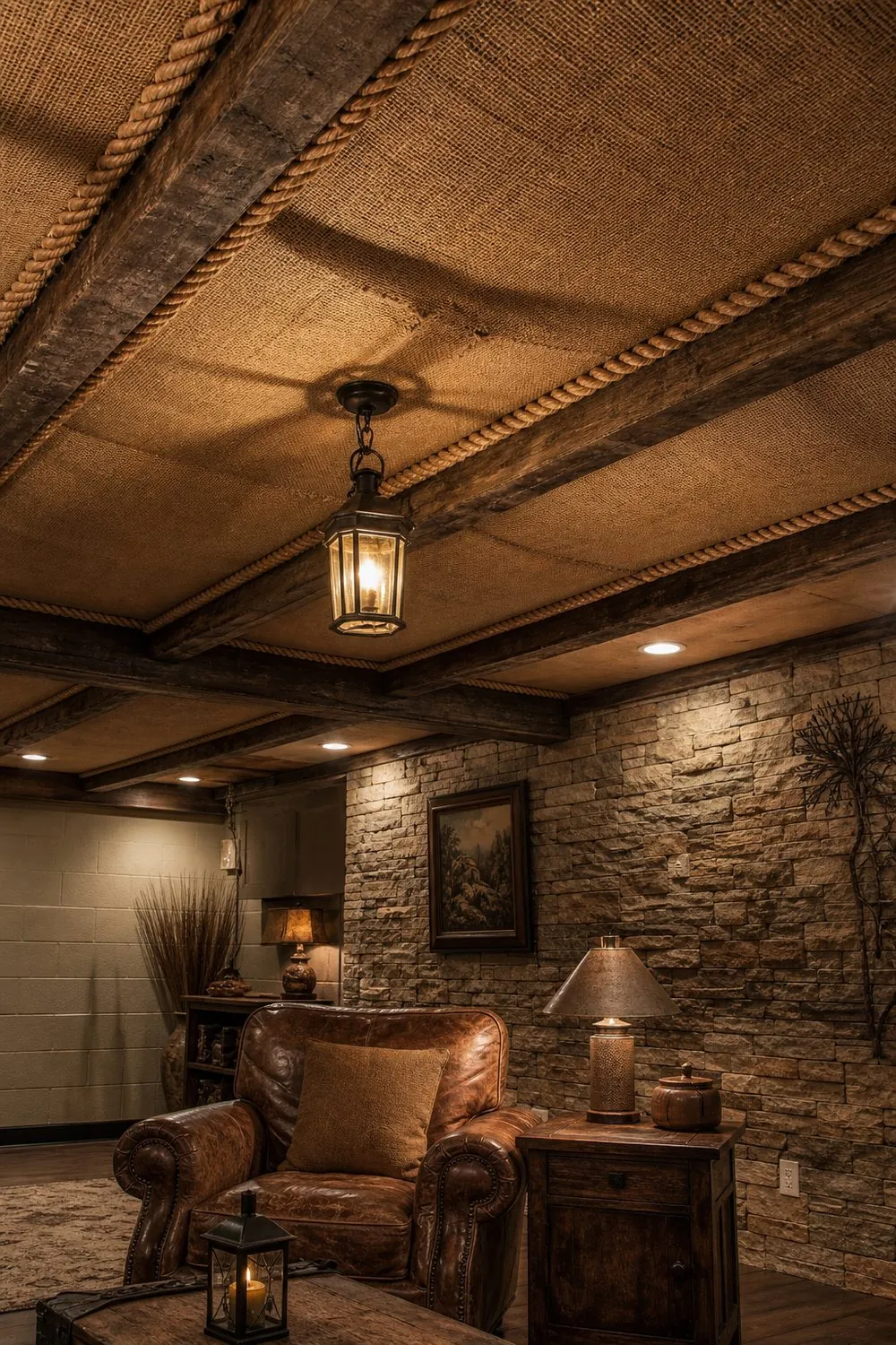 Basement den with natural burlap panels stretched between joists and thick twisted rope trim above a worn leather armchair.