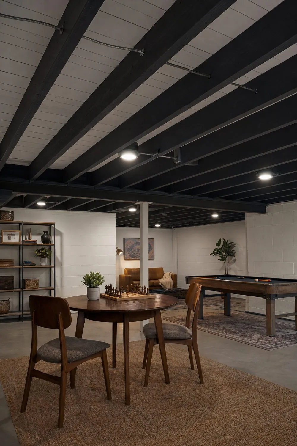 Basement game room with an open ceiling of charcoal painted joists and pale white painted subfloor boards above a small table.