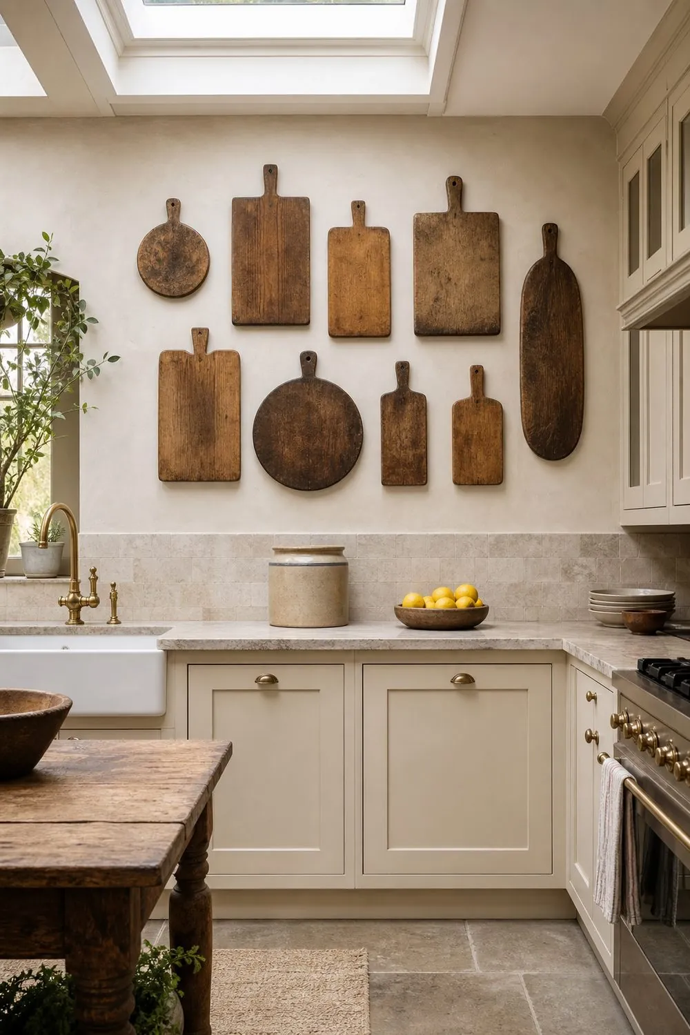 Collection of antique wooden cutting boards in varied shapes hung on a cream plaster wall above a counter in a farmhouse kitchen