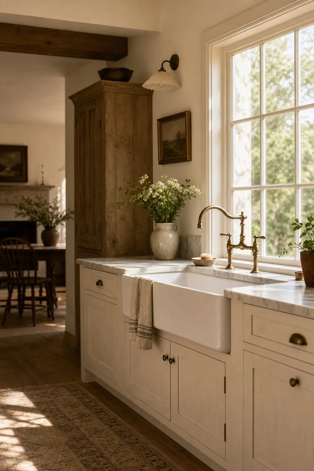 White fireclay apron front sink with a black bridge faucet in a cream farmhouse kitchen, marble counter and window with greenery behind