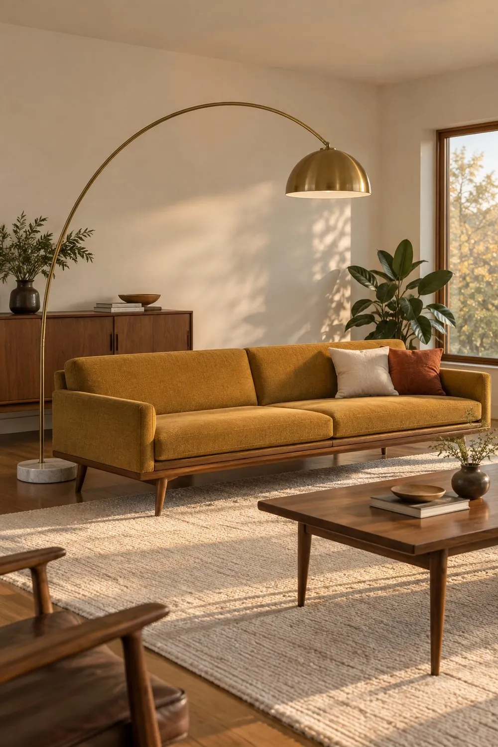 Brushed brass arc floor lamp with a white marble base curving over a low walnut frame sofa with ochre wool cushions