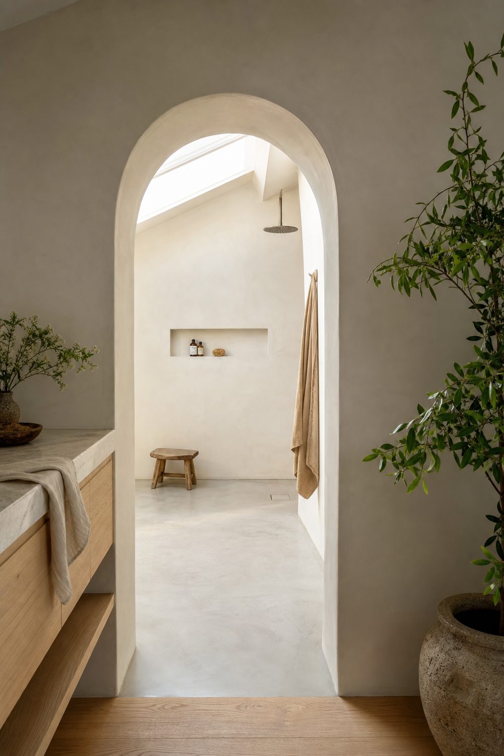 Soft plastered arched opening leading through to a wet shower area with microcement floor and a rain shower head