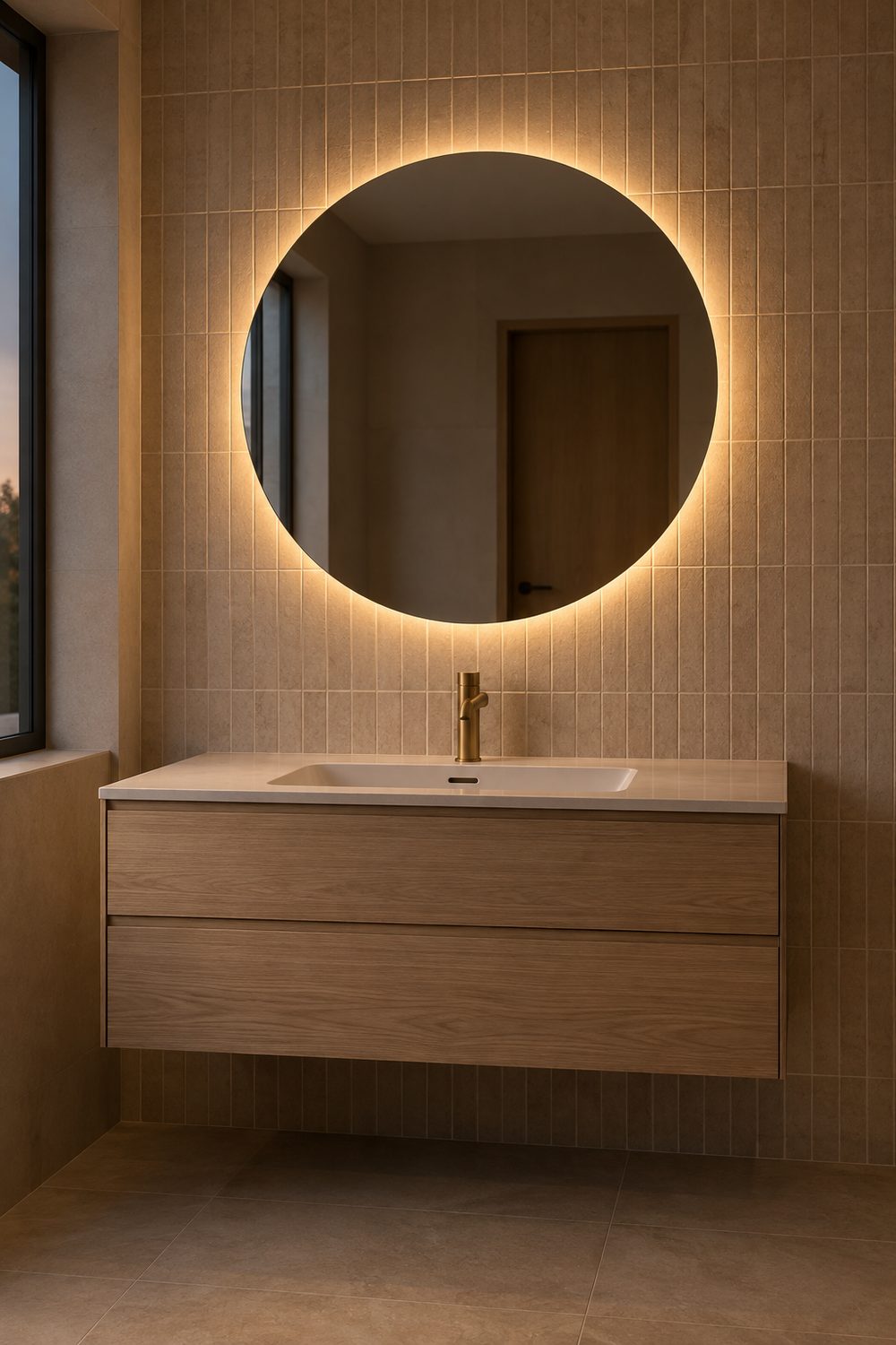 Round frameless mirror with a warm glowing backlight above a light oak floating vanity and brushed brass faucet