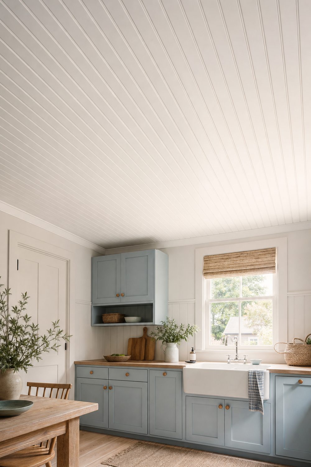 Painted white beadboard ceiling panels with fine vertical bead grooves above shaker cabinets and a farmhouse sink