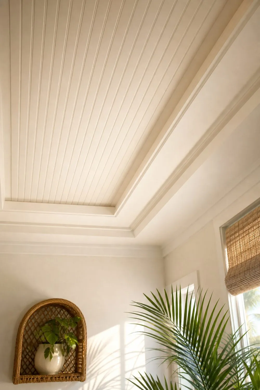 Sunroom tray ceiling lined with painted beadboard showing fine vertical bead lines and soft shadows