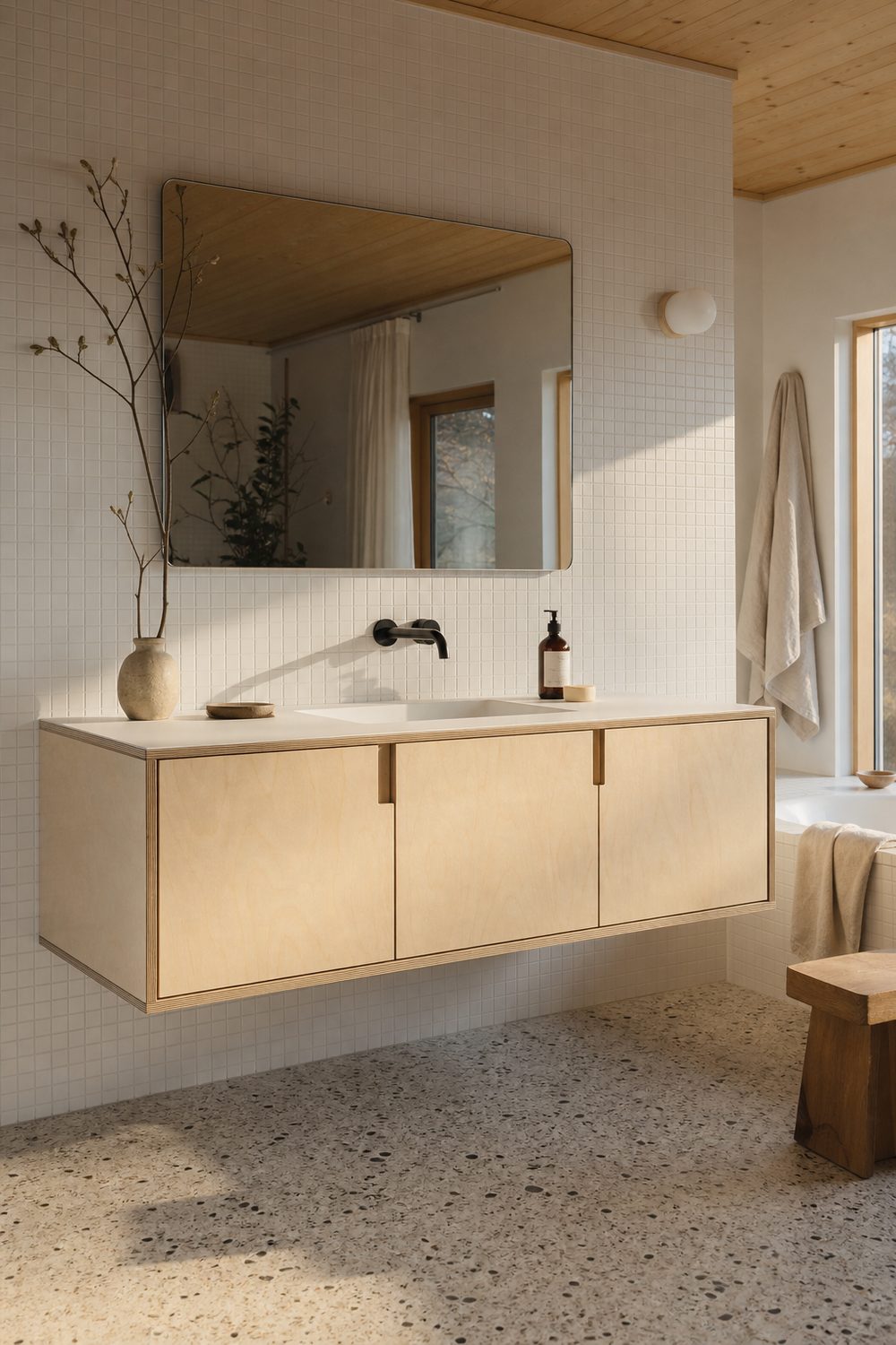 Birch plywood floating vanity with exposed ply edge, white counter and black tap in a bright Scandinavian bathroom