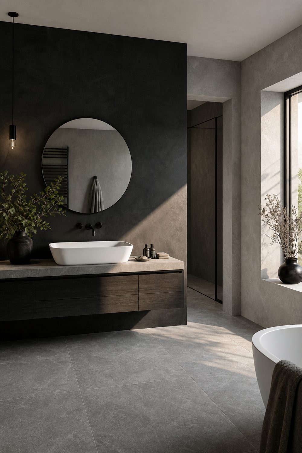 Bathroom with one matte black textured accent wall behind the vanity, light grey walls and a mid grey stone tile floor
