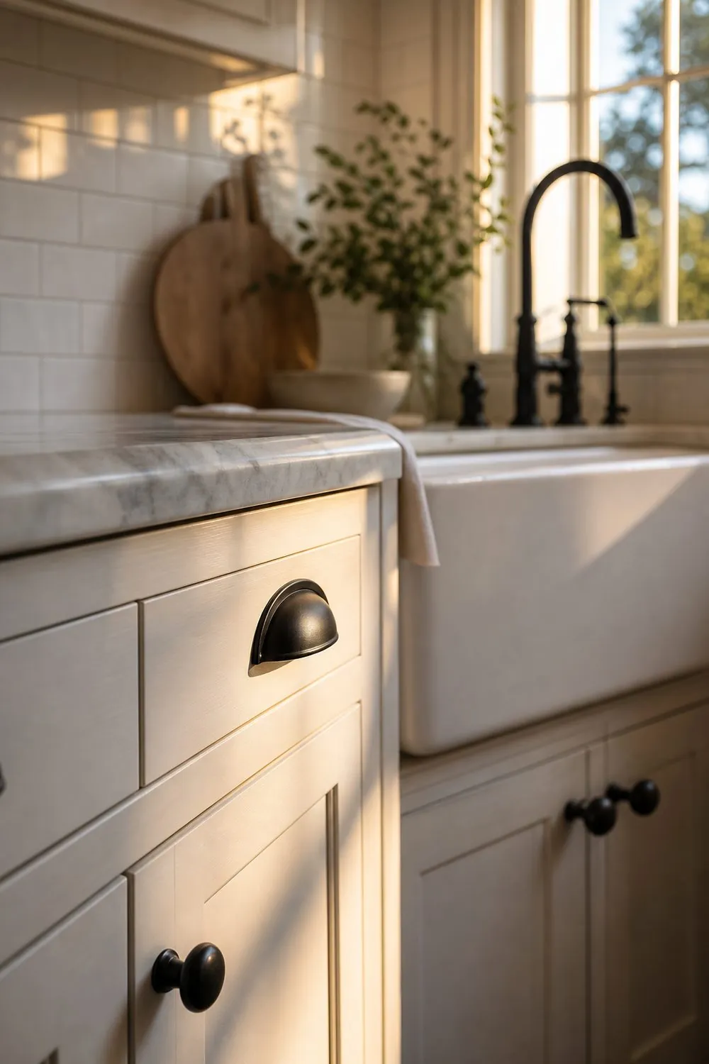 Matte black cup pulls and round knobs on cream shaker cabinet fronts beside a white apron sink and marble counter in a farmhouse kitchen