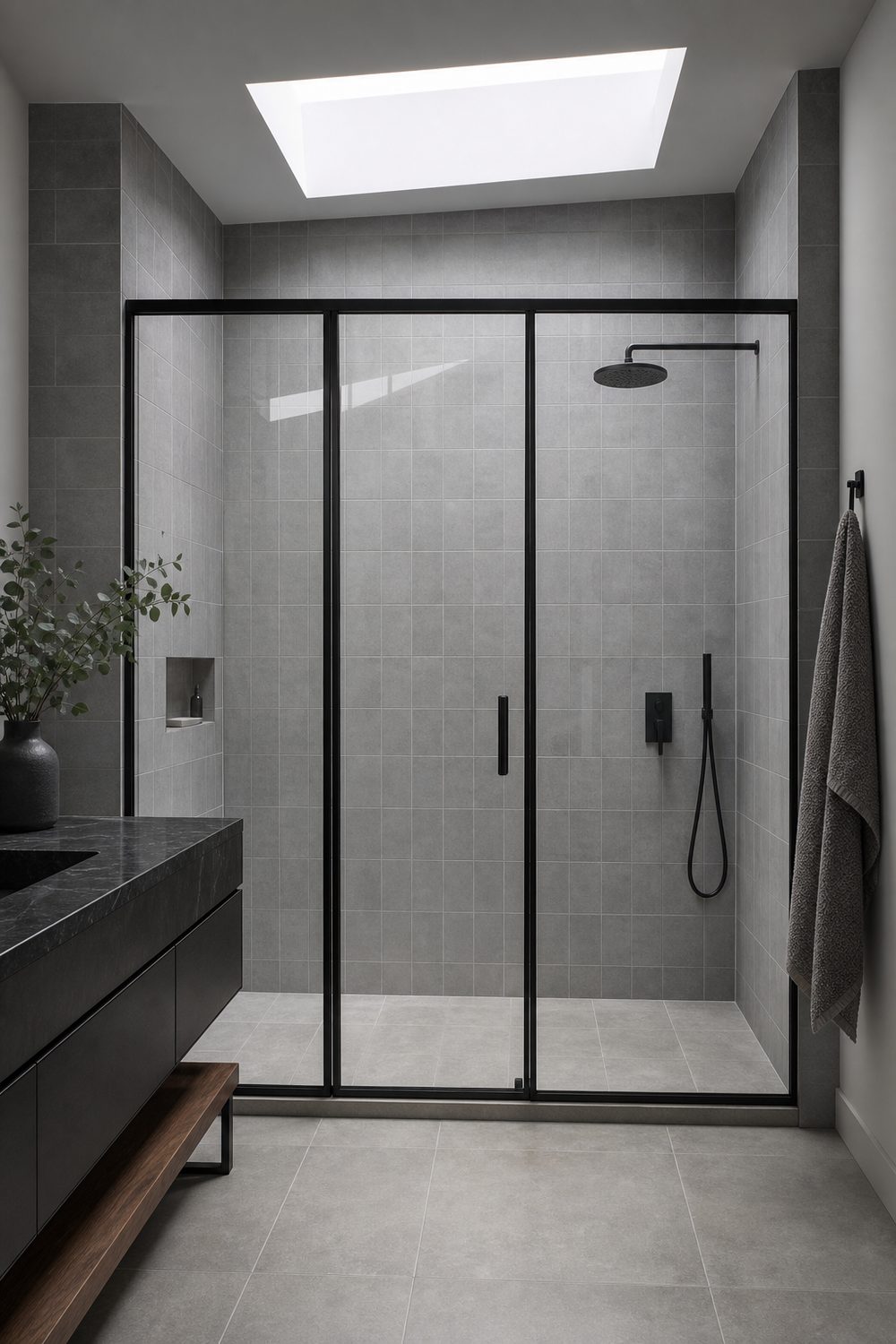 Walk in shower with slim black steel framed glass enclosure against mid grey square wall tile in a bathroom