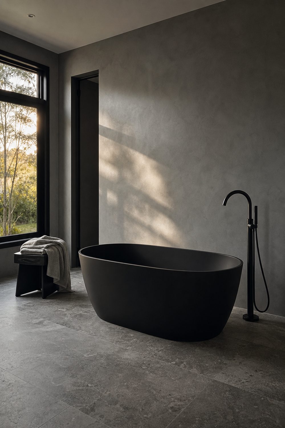Matte black freestanding soaking tub on grey tiled floor against a soft grey bathroom wall with a black floor mounted tub filler