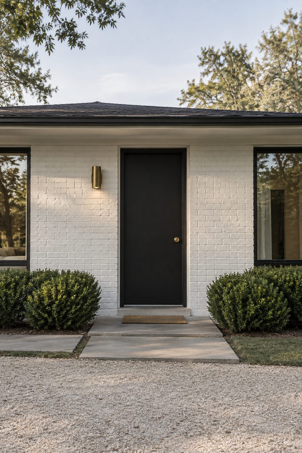 Warm black slab front door with a brass knob on a white painted brick ranch, brass cylinder sconce and boxwood hedge