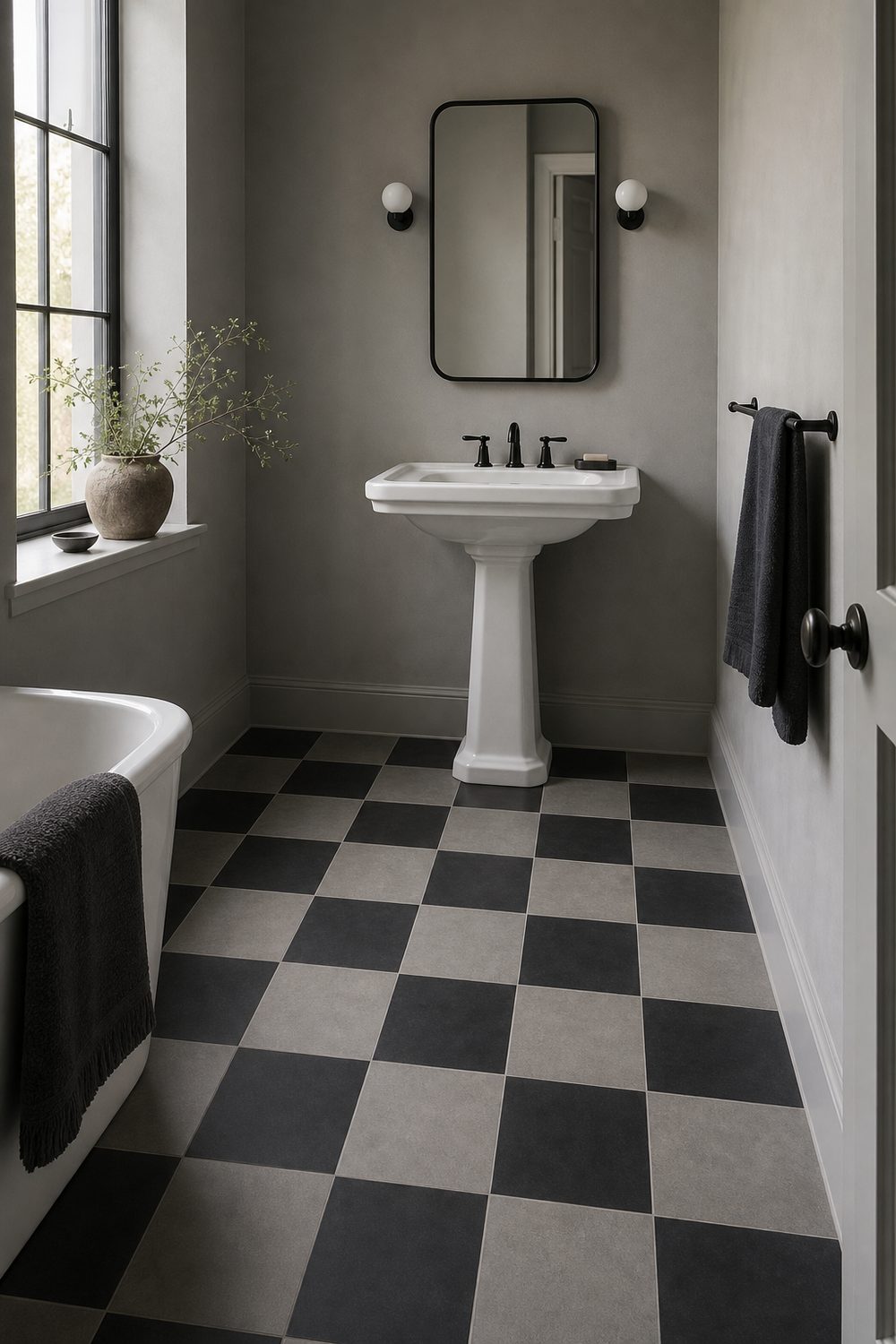 Black and mid grey checkerboard tile bathroom floor with soft grey walls, a white pedestal sink and a black towel bar