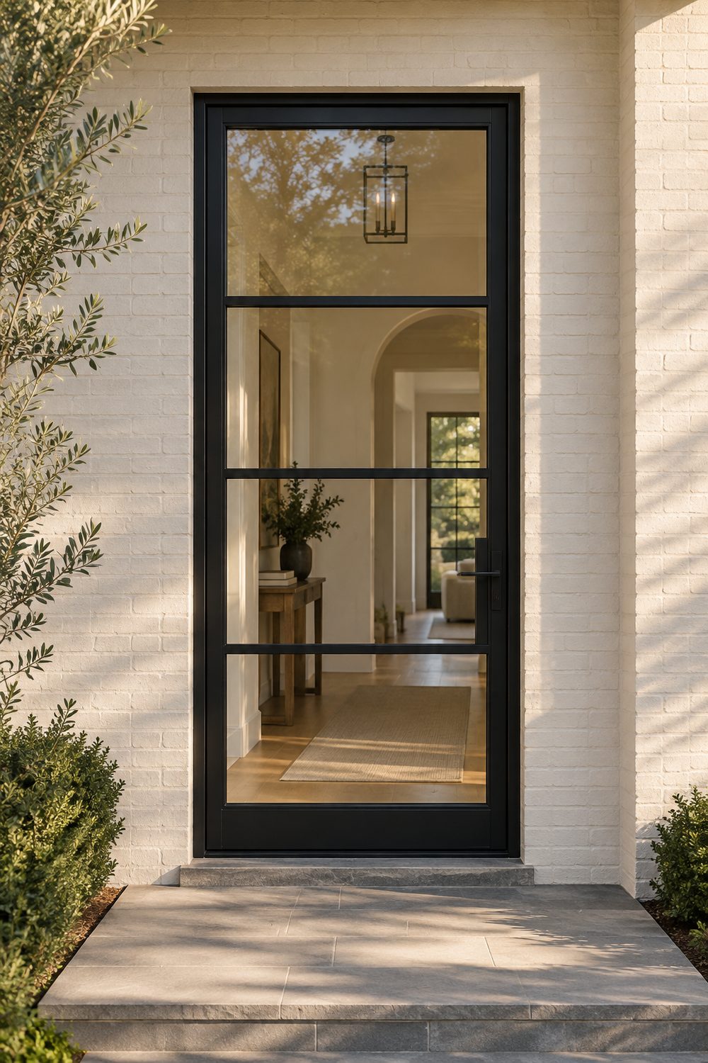 Black steel front door with four tall clear glass panes set in warm white painted brick, bluestone threshold at the base
