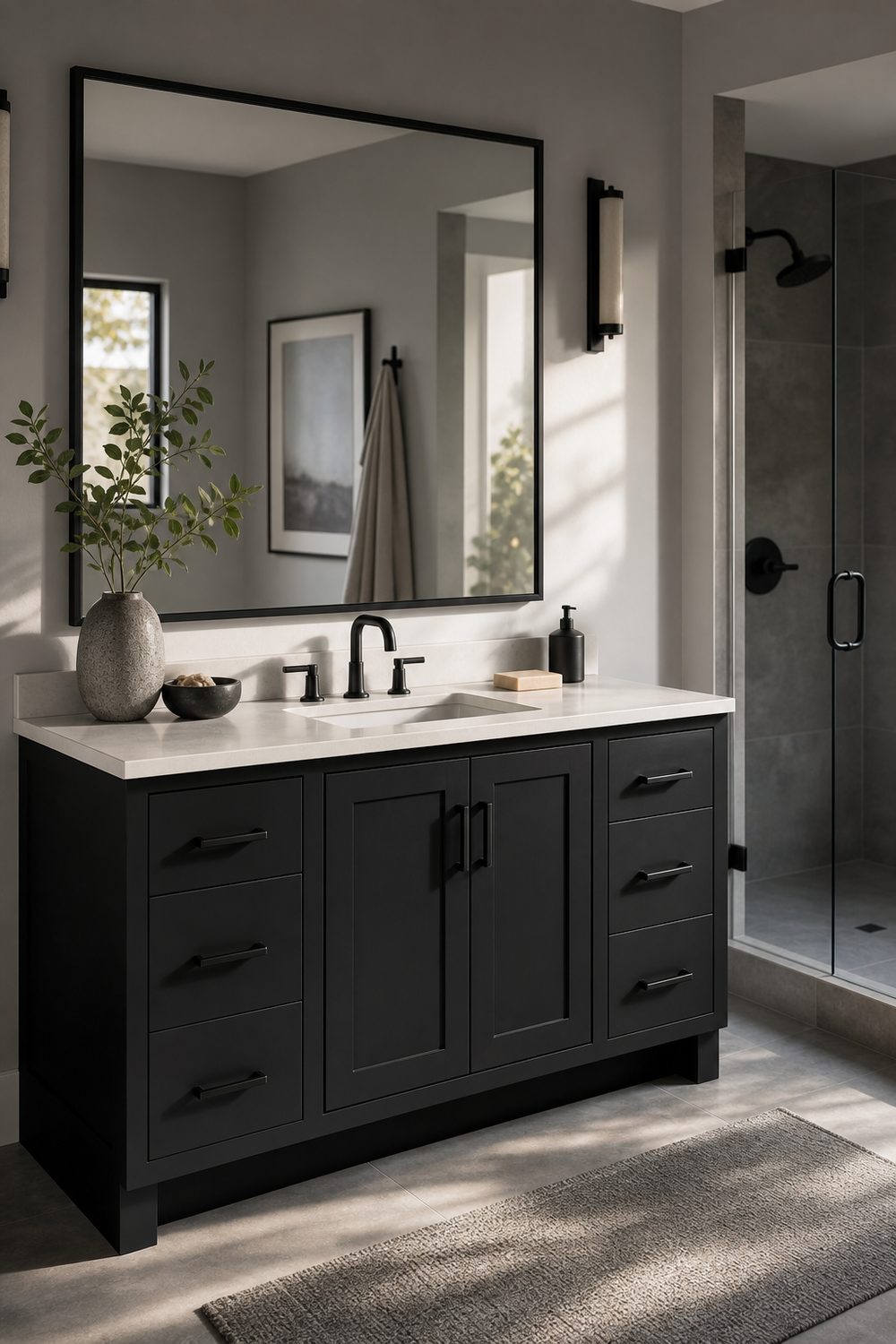 Black shaker vanity with white quartz countertop against soft grey bathroom walls, black framed mirror above