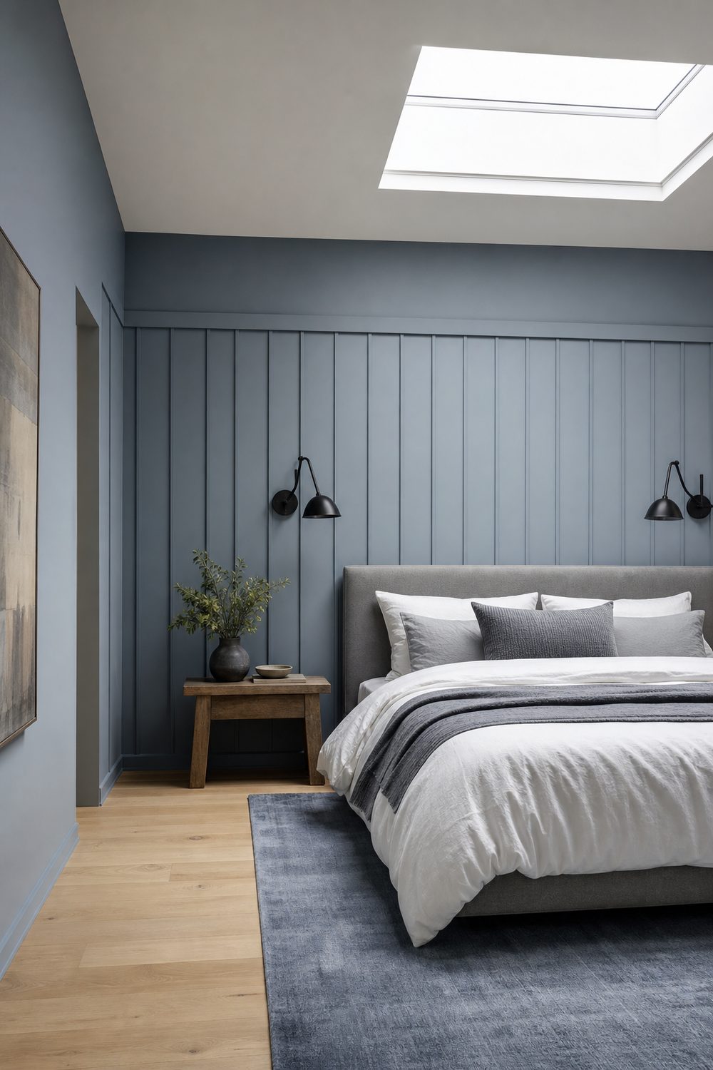Blue grey board and batten wall treatment behind a bed with white bedding, matte black sconces and pale oak floors