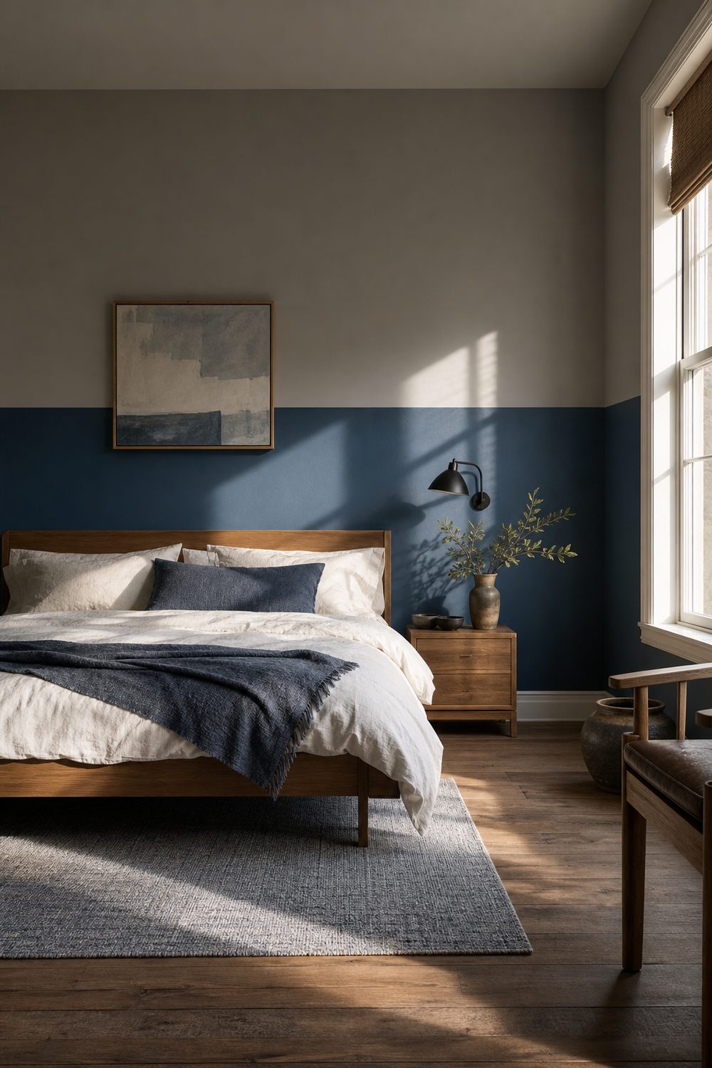 Bedroom wall painted in a horizontal colorblock with deeper blue below and soft grey above behind a wood bed