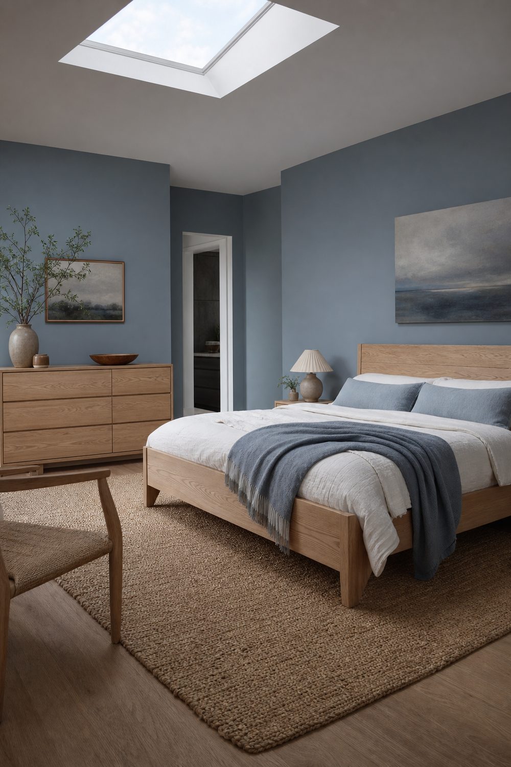Blue grey painted bedroom walls with a white oak bed frame and dresser, ivory bedding and a woven jute rug