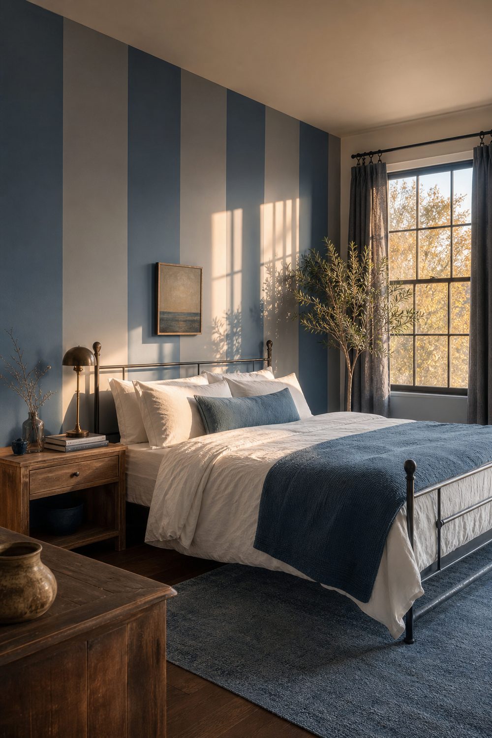 Bedroom accent wall painted in wide vertical blue and grey stripes behind a black metal bed with white bedding