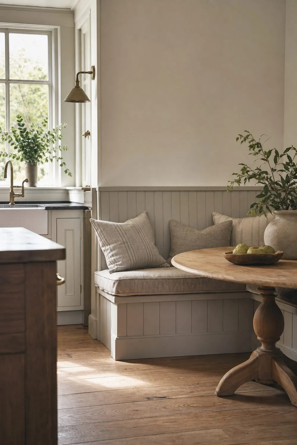 Built in wooden banquette bench with linen cushions and pillows in a farmhouse kitchen corner nook beside shaker cabinets and a wood island