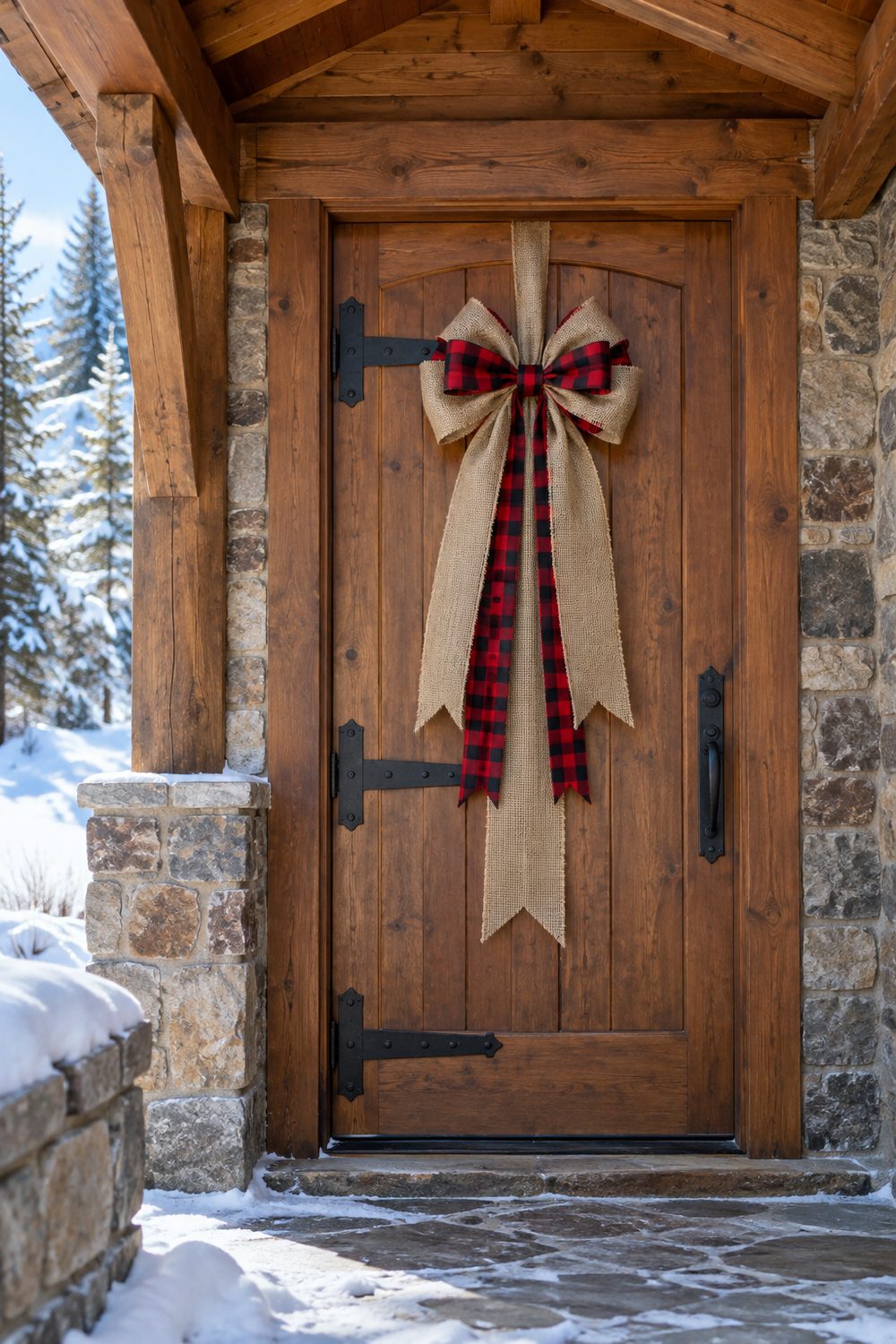 Burlap and red buffalo check ribbon tied in a large bow on a stained wood front door with black strap hinges