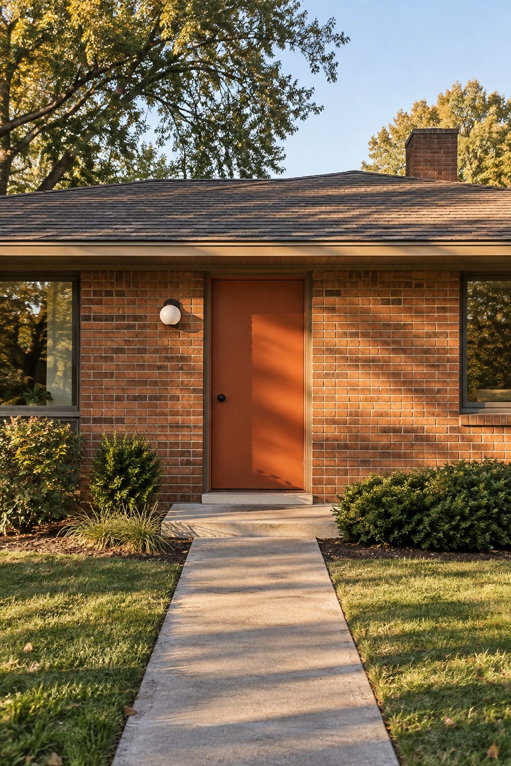 Burnt orange slab front door on a red brown brick ranch house with a white globe porch light and a concrete walkway
