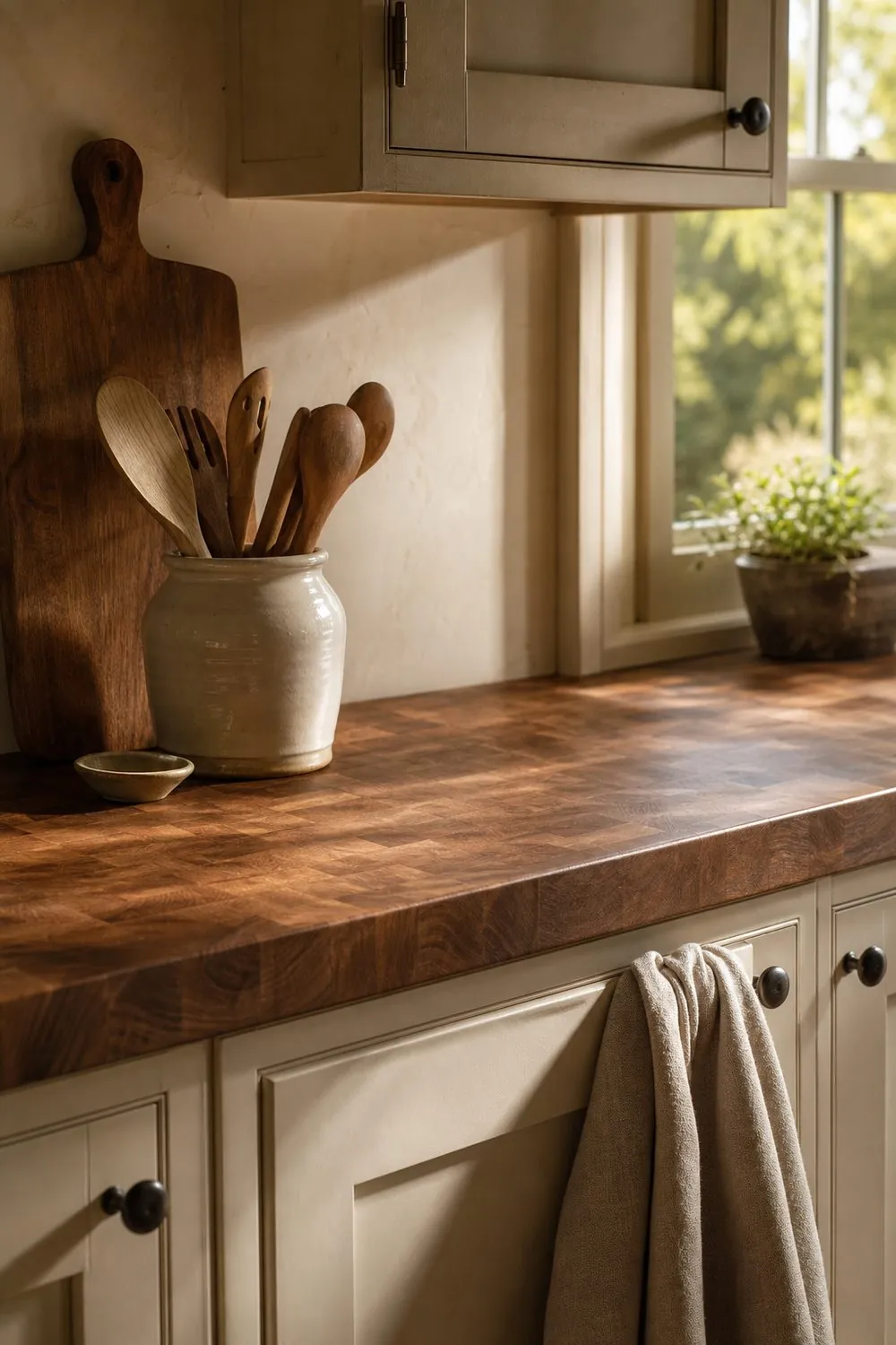 Warm walnut butcher block countertop over cream shaker cabinets in a farmhouse kitchen with a cutting board, stoneware crock and linen towel